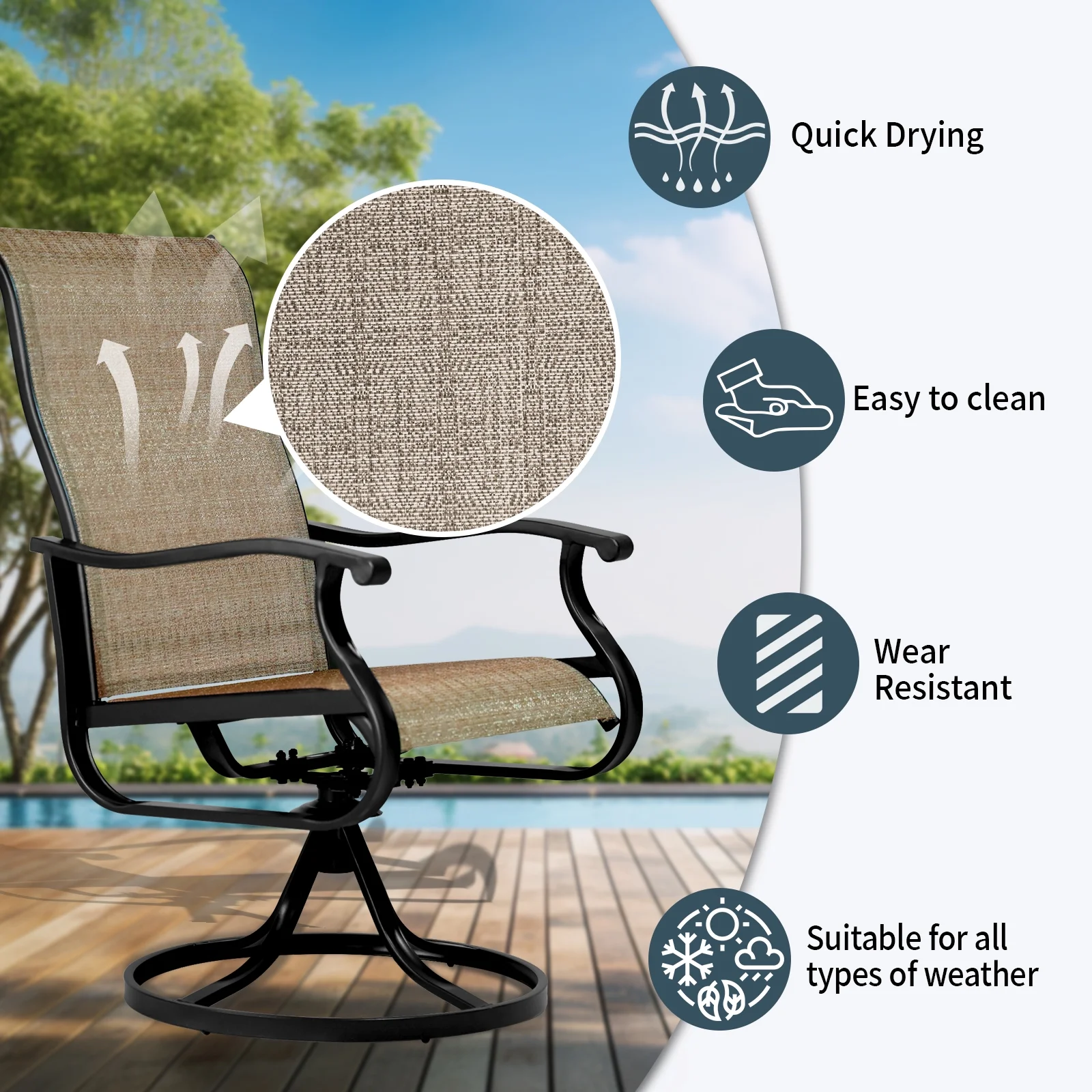 Patio Swivel Chairs Set of 2, Outdoor High Back Rocker Dining Chairs with All-Weather Textilene Mesh and Metal Frame, Comfortable Swivel Chairs for Patio, Garden, Deck, and Backyard (Beige)