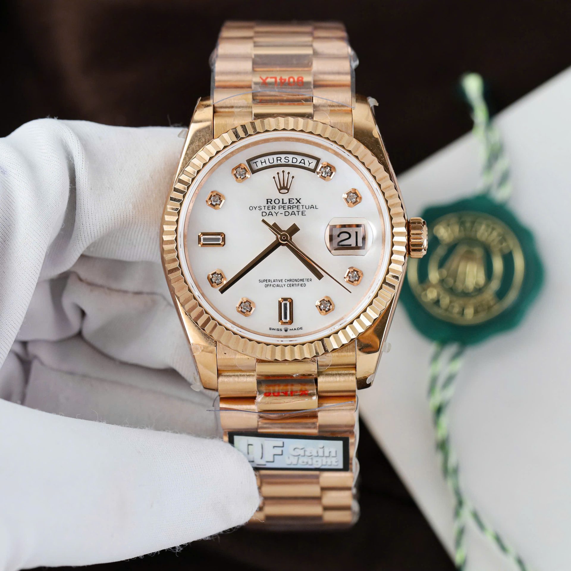 Rolex Day-Date 128235 Knock Off Watches MOP Dial Weight 156 Grams QF Factory 36mm - Elite Watch Atelier