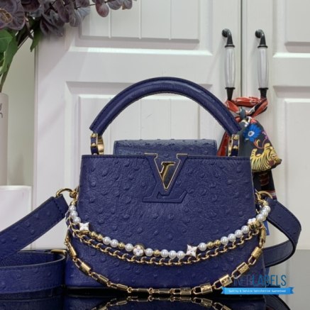 Royal Blue Ostrich Leather Mini Handbag with Pearl Chain Detail1:1High-quality replica