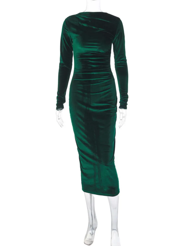 Elegant Velvet Long Sleeve Sexy Maxi Dress For Women Autumn Winter New Fashion O Neck Bodycon Club Party Long Dress - AZJHJ