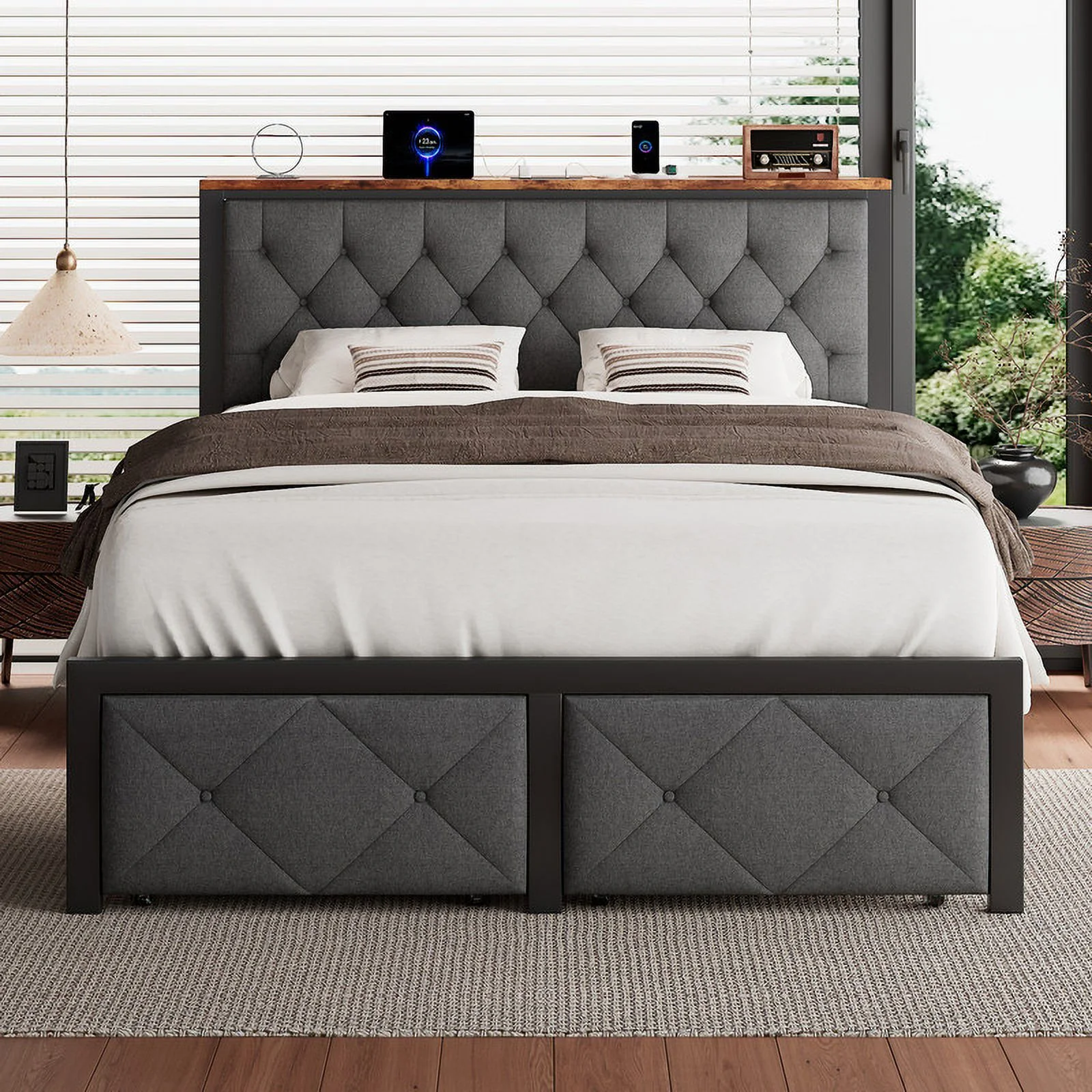 iPormis Full Bed Frame with 2 Drawers, Metal Platform Bed with Charging Station and Linen Fabric Storage Headboard Strong Metal Slats Black,Gray - Image 5