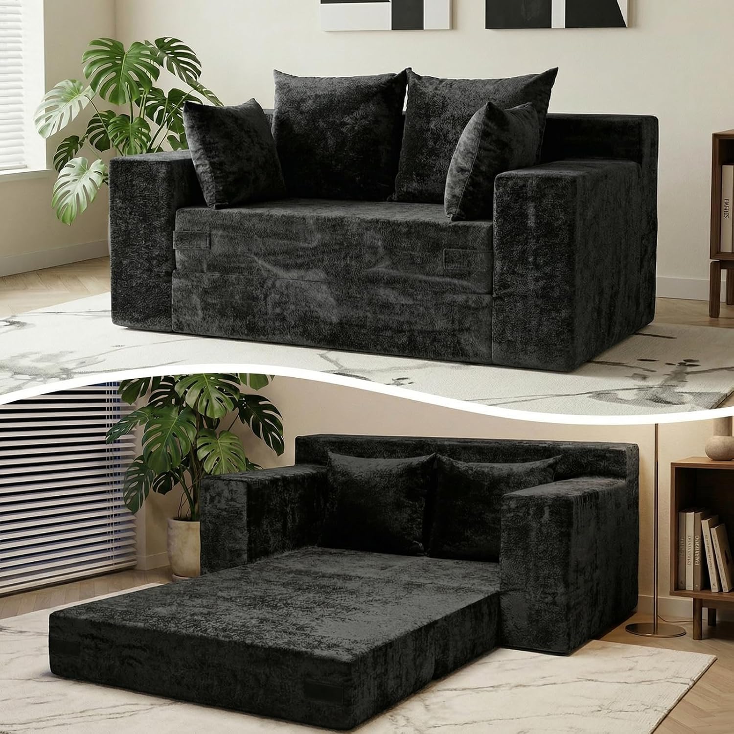 Boneless Loveseat Sleeper Sofa Bed, 3-in-1 Convertible Sofa Bed and Floor Futon Couch (Velvet-Black, Loveseat (55