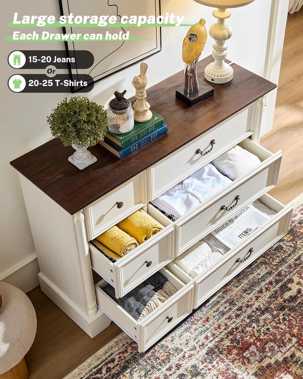 ZBOM 9 Drawer Dresser, 54 Inch Wide Farmhouse Style Chest of Drawers with Charging Station, Distressed Finish Design, Modern Storage Dresser Organizer TV Stand for Bedroom, Living Room - Image 11