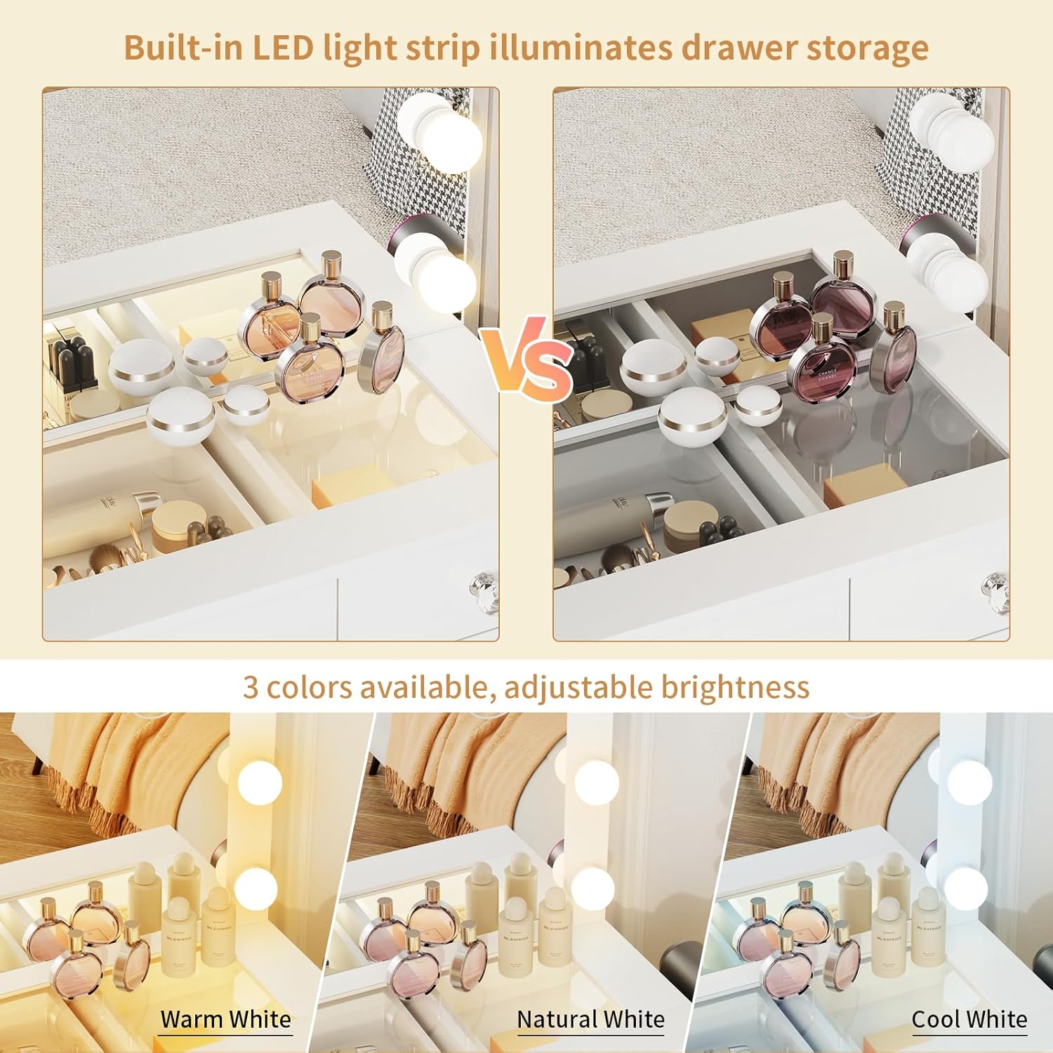 VOWNER Vanity with Lighted Mirror - Glass Top Makeup Vanity Desk with Lights and 11 Drawers, 3 Color Lighting Modes Adjustable Brightness, 46