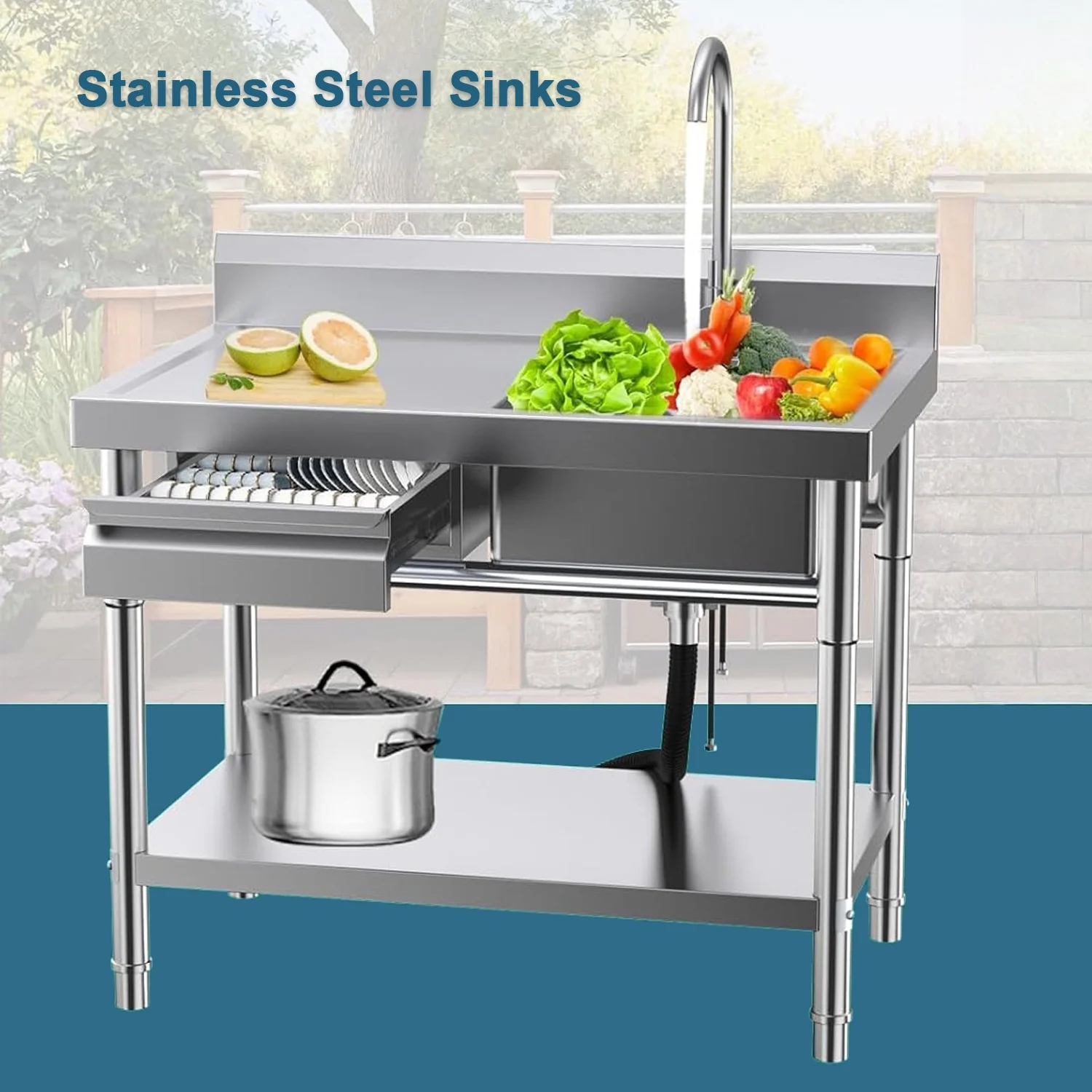 Stainless Steel Utility Sink Commercial Kitchen Sink 40'' Free Standing Tool Sink with Drawer & Cold and Hot Water Pipe for Kitchen Laundry Room Depot Indoor and Outdoor - Image 3