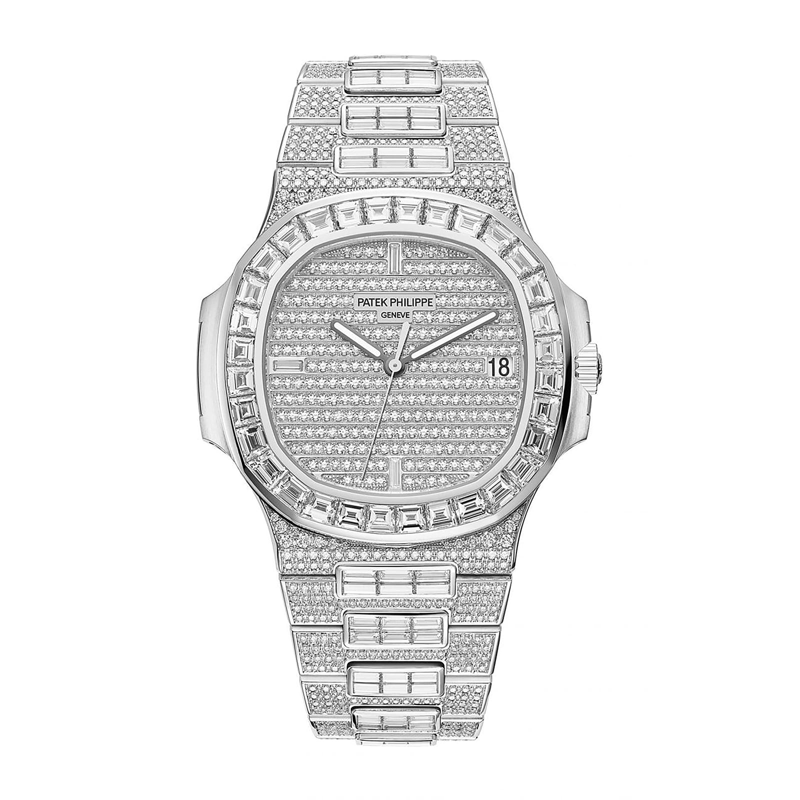 Fake diamond watch Patek Philippe Replica Nautilus Date Sweep Seconds White Gold/Diamonds Dial & Bezel 5719/10G-010 TWF(1:1 replica) - Elite Watch Atelier