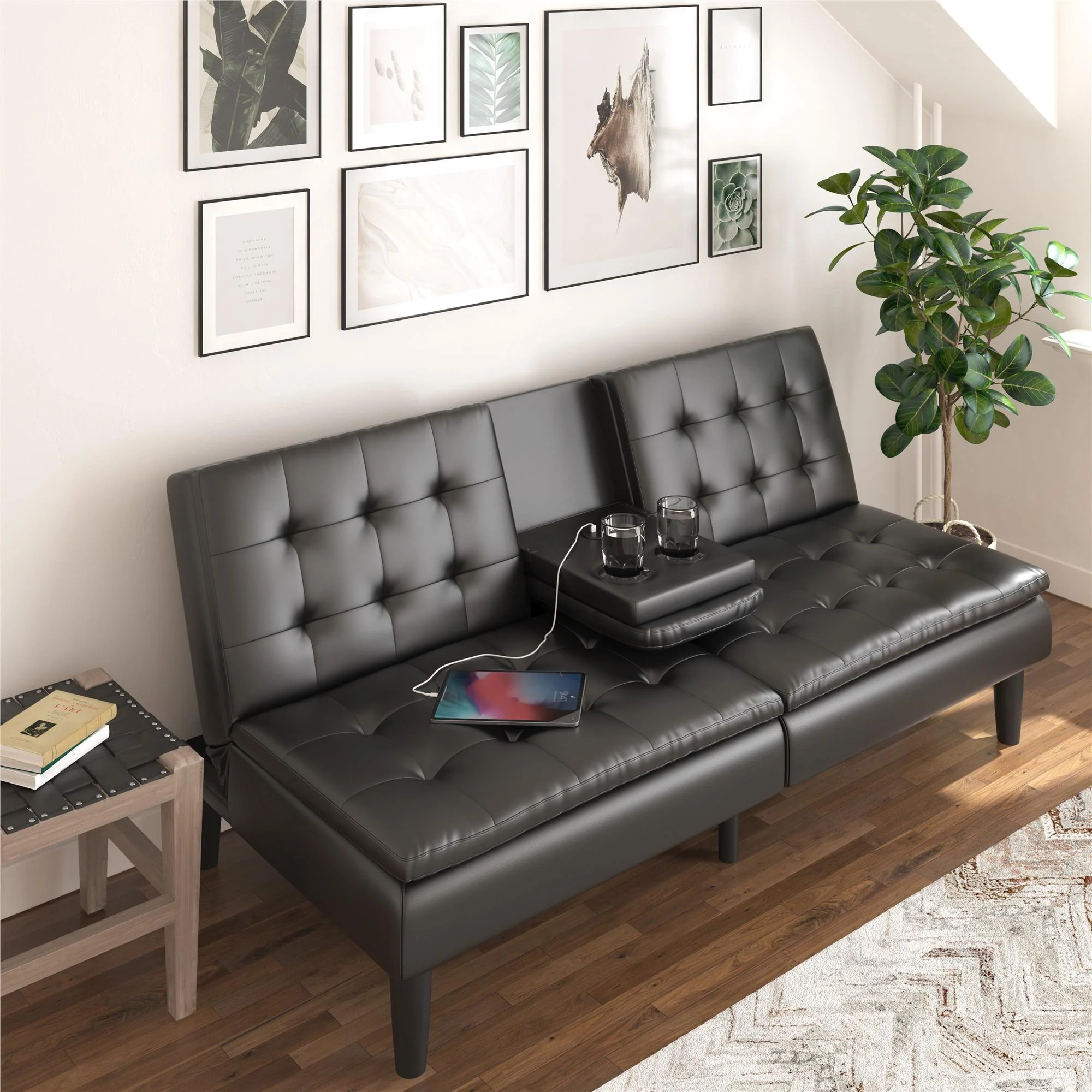Mainstays Memory Foam 71.5" Futon with Cupholder and USB, Black Faux Leather - Image 8