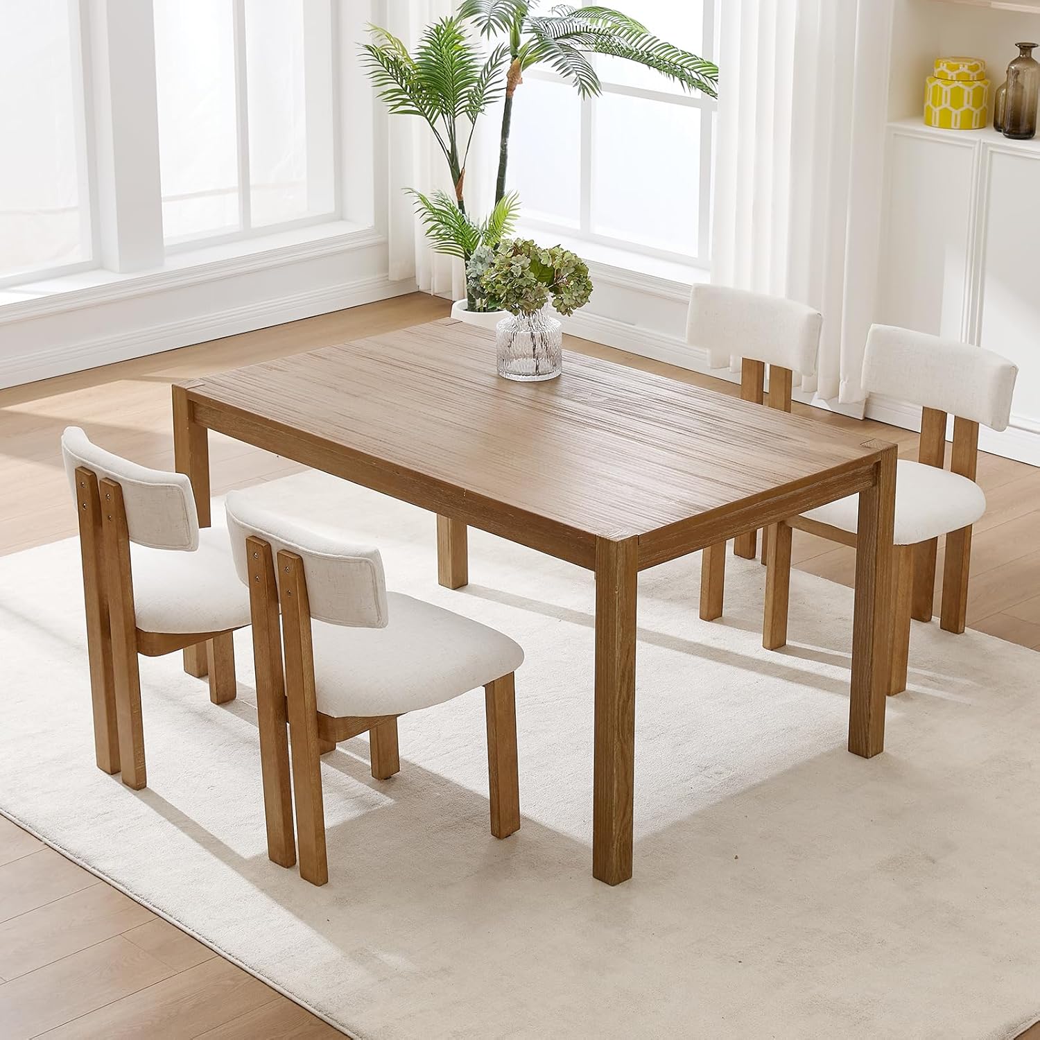 Kmax Farmhouse Dining Chair Set of 4, Linen Fabric Kitchen Chair Curved Back Armless Dining Room Chairs with Walnut Wood Legs for Family Diner, White