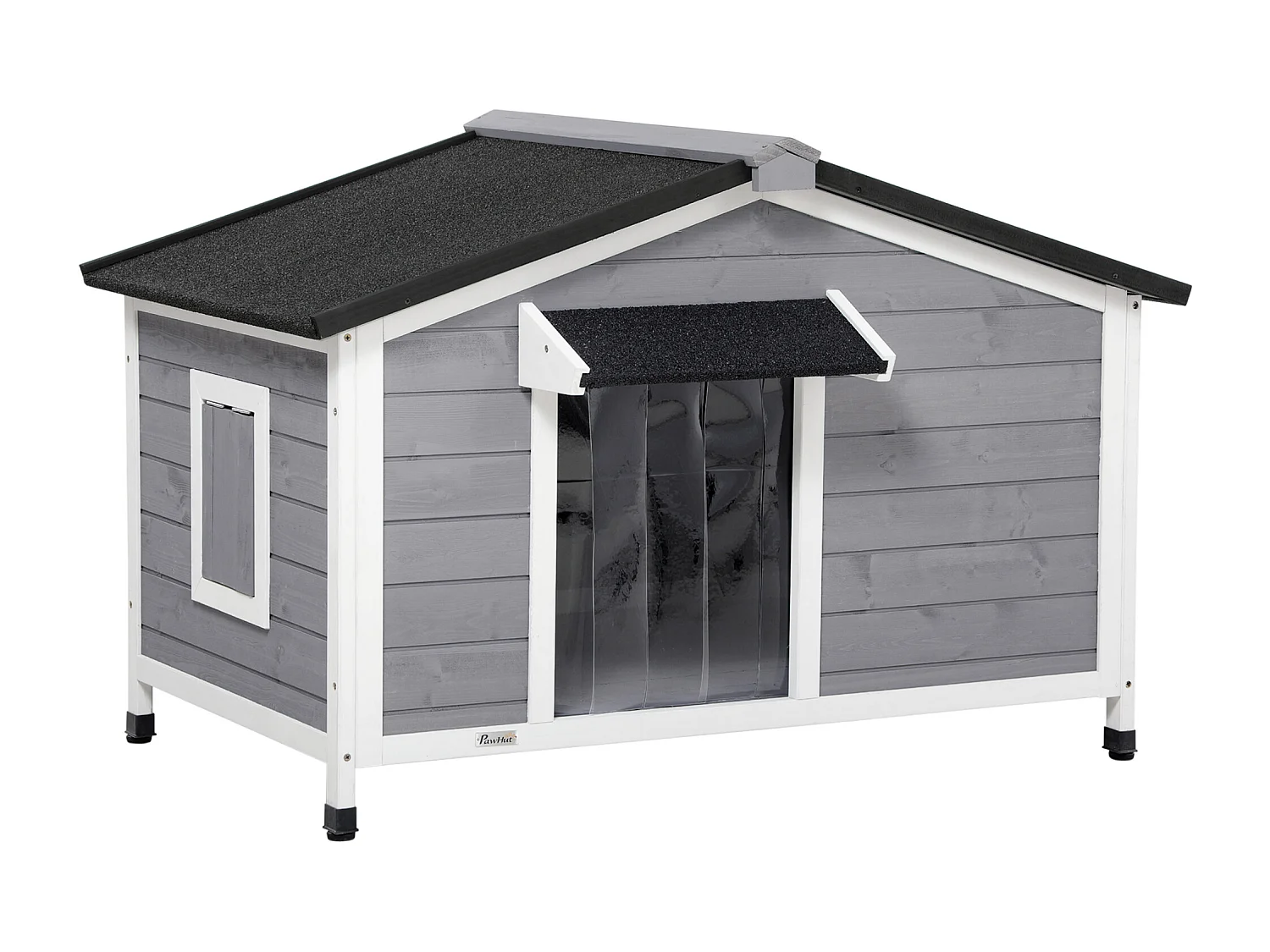 Niche chien style cottage - 2 fenêtres, porte, toit ouvrant bitumé - bois sapin gris