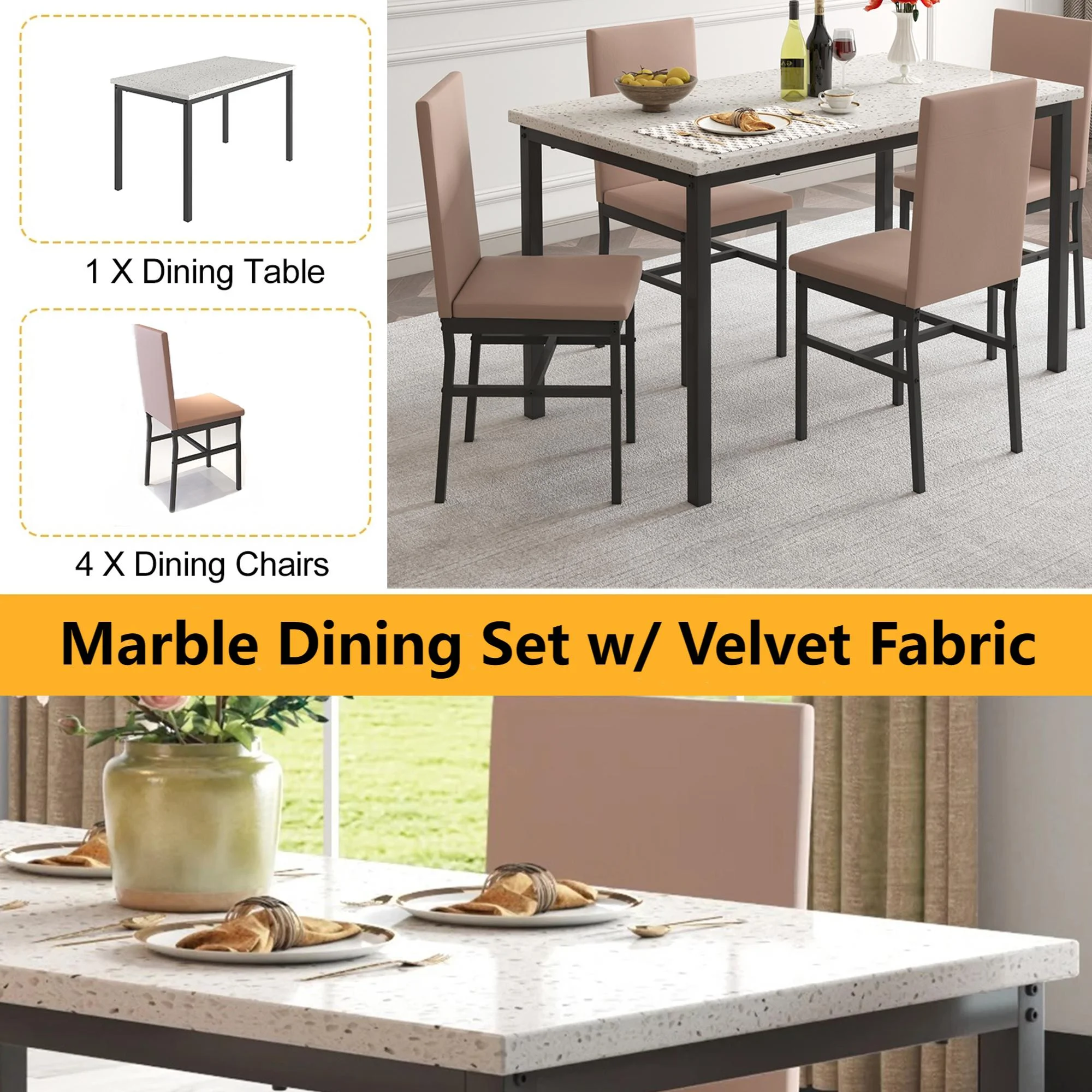 5 Piece Dining Set, Modern Dining Table and Chairs Set for 4, Counter Height Bar Table Set, Modern Pub Table with 4 Velvet Fabric Cushioned Stools, Faux Marble Dining Table & Stools Set, D9297 - Image 41
