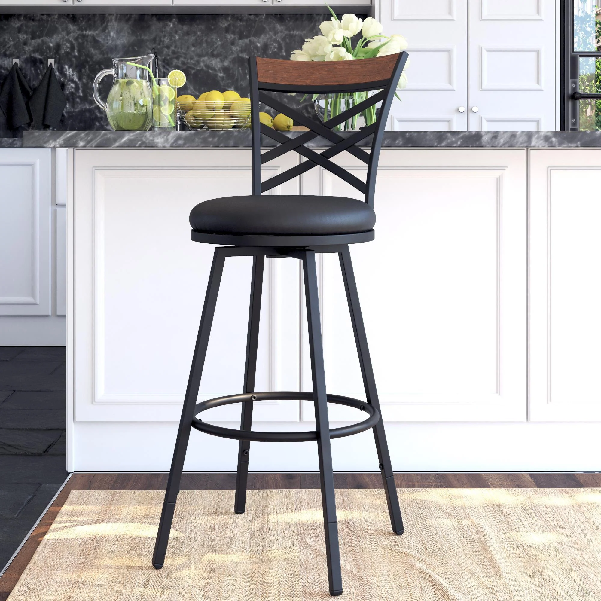 DHP Lesley Adjustable Swivel Barstool, Black Faux Leather, Set of 3