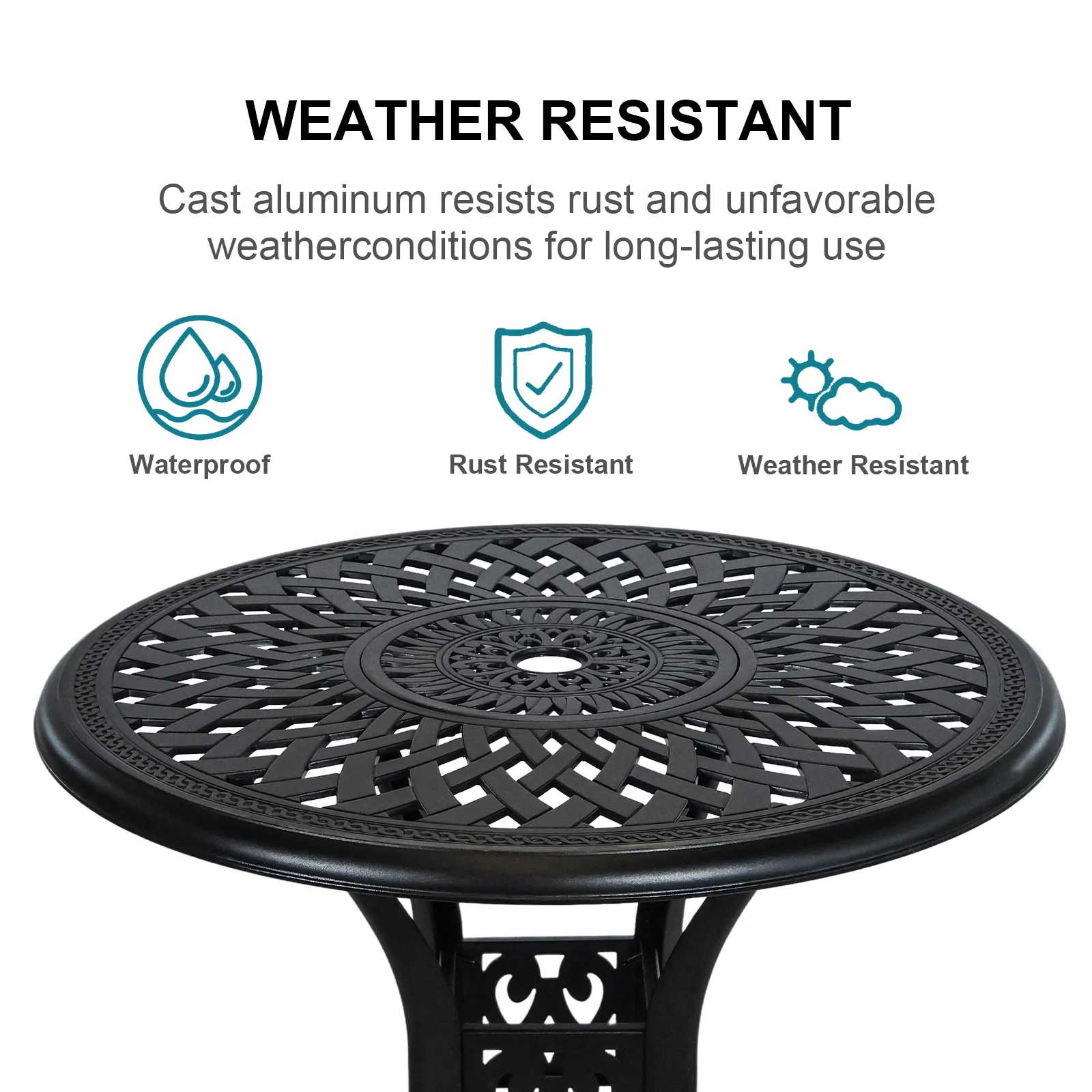 30.3 Inch Round Patio Table Cast Aluminum Patio Table,Metal Patio Dining Table with Umbrella Hole,All Weather Outdoor Bistro Dining Table for Backyard, Garden, Balcony, Black