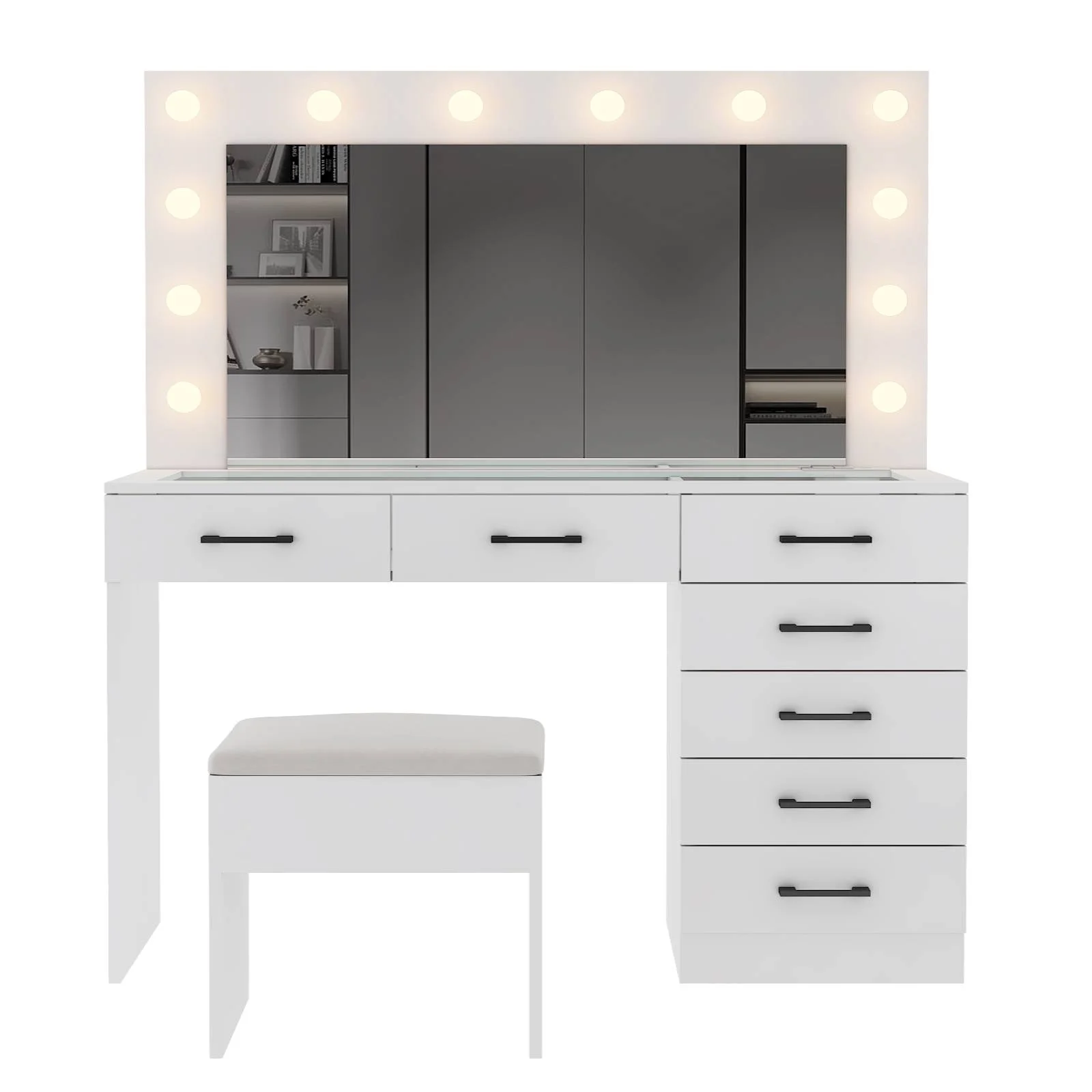 Ktaxon Large Makeup Vanity, Vanity Table Set w/ Visible Glass Top w/ Charging Station, White - Image 41