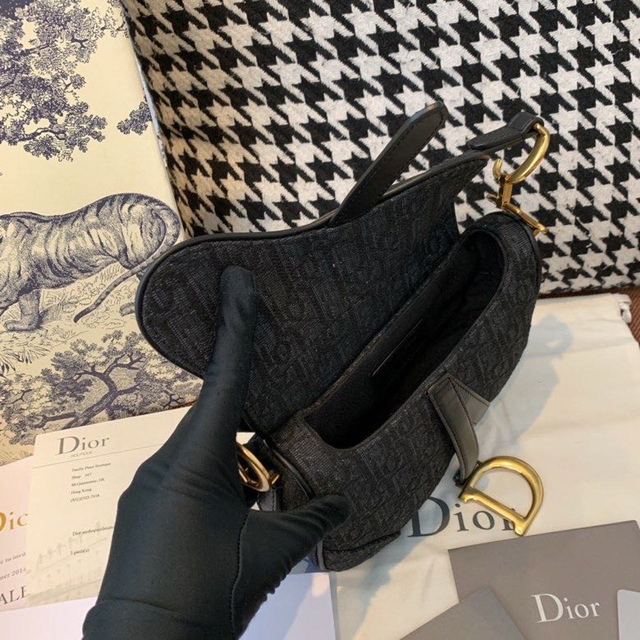 Christian Dior Saddle Bag Black Oblique Embroidered Canvas Gold Toned Hardware For Women 19.5cm/7.6in CD1:1High-quality replica