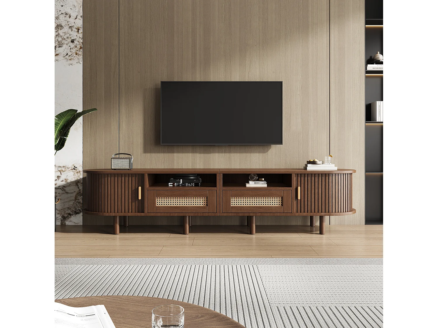 Meuble TV ovale avec 2 tiroirs en rotin + 2 portes coulissantes - 170 x 40 x 40 cm - MDF + métal - naturel foncé