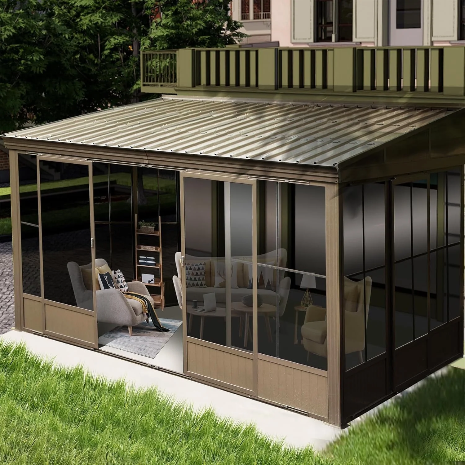 TOTAL Outdoor 10'x12' All-Season Sunroom Gazebo with Steel Roof, PVC Screen, Front & Side Door, Brown - Image 14
