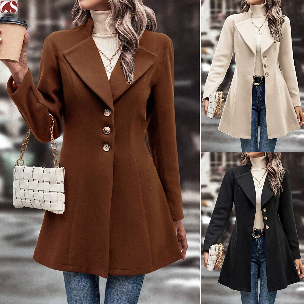 Popular European and American foreign trade product: Amazon cross-border women's autumn and winter lapel slim-fit woolen solid color stylish coat