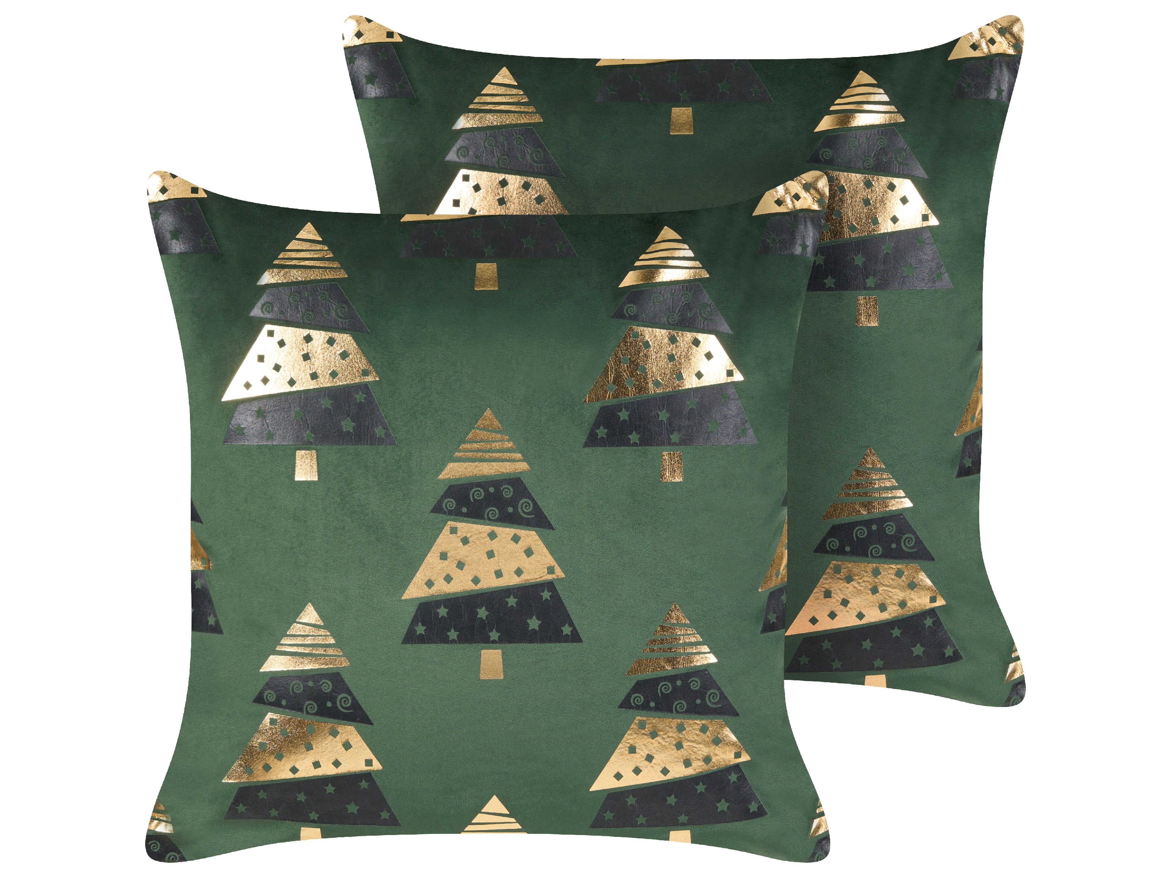 Set of 2 Decorative Cushions GOLDSPRUCE Velvet 45 x 45 cm Green Christmas Motif