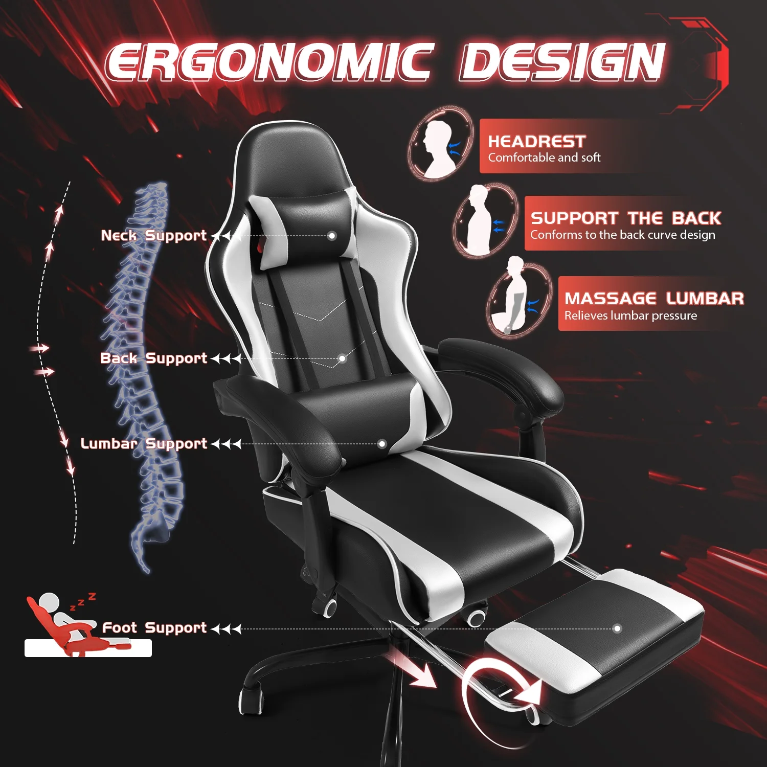 Lacoo PU Leather Gaming Chair Massage Ergonomic Gamer Chair Height Adjustable Computer Chair with Footrest & Lumbar Support, White - Image 6