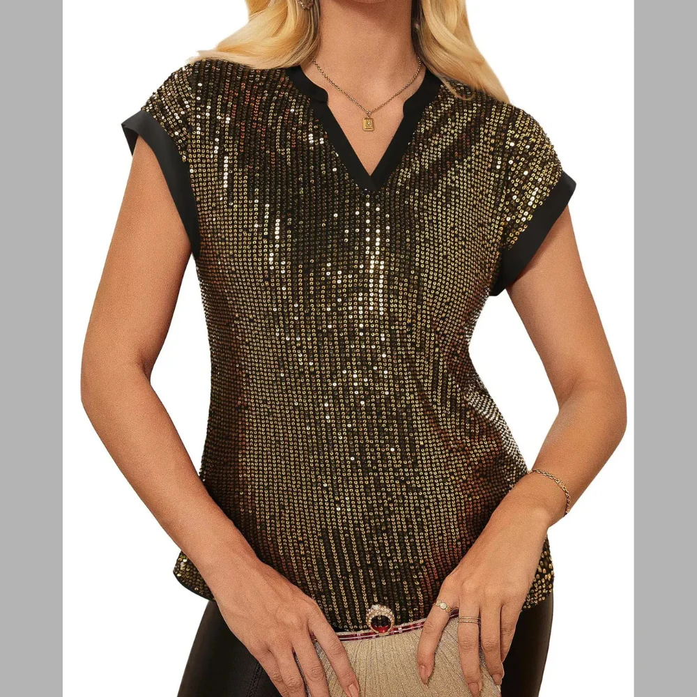 Sequin Notched Cap Sleeve Blouse - ZKZOOK
