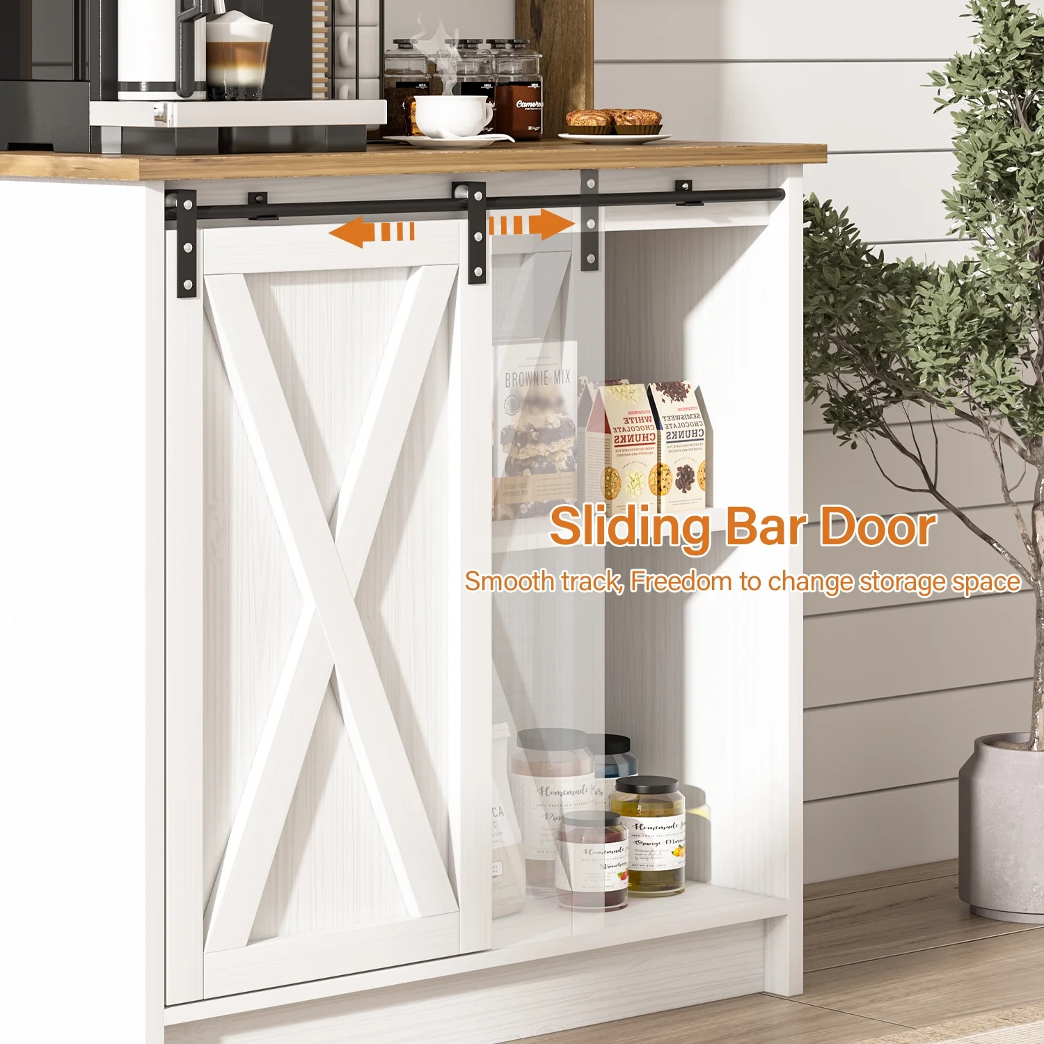 Catrimown Coffee Bar Cabinet, Barn Door Sideboard Buffet Cabinet with Storage, White - Image 4