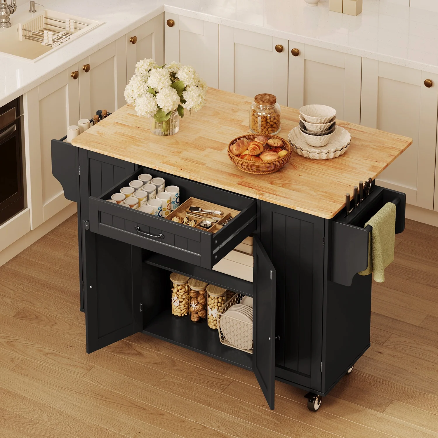 Noelse Kitchen Island with Storage, Island Table for Kitchen with Drop Leaf, Spice Rack, Towel Bar for Small Kitchens, White - Image 33