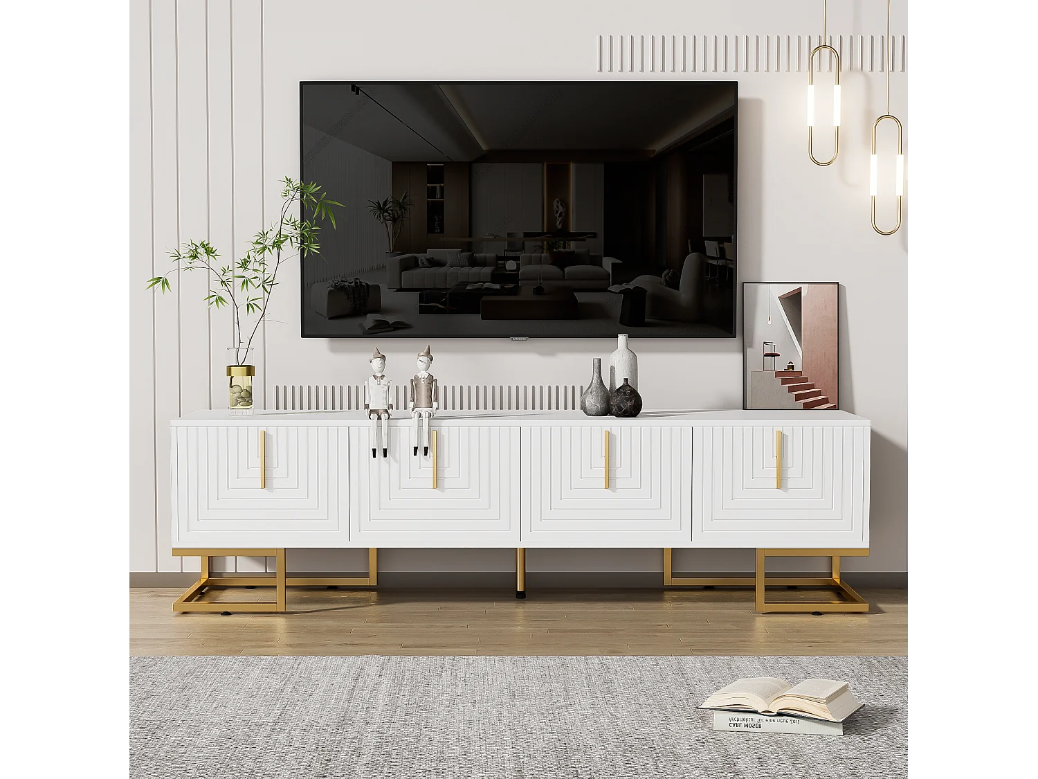 Meuble TV avec 4 portes structurée - 170x40x45,5 cm - Poignées dorées et pieds dorés - Panneaux de particules - Blanc