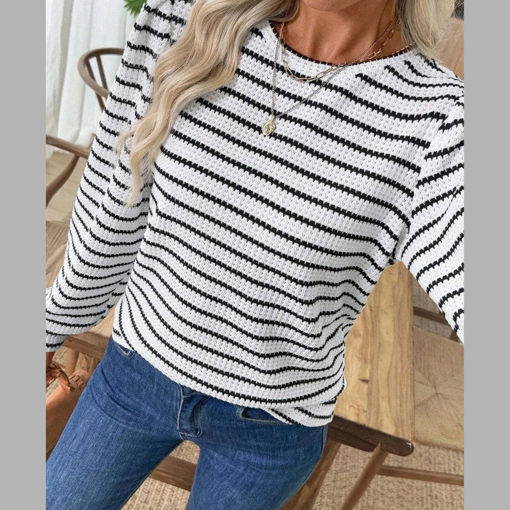 Striped Long Sleeve Texture Knit T-Shirt - ZKZOOK