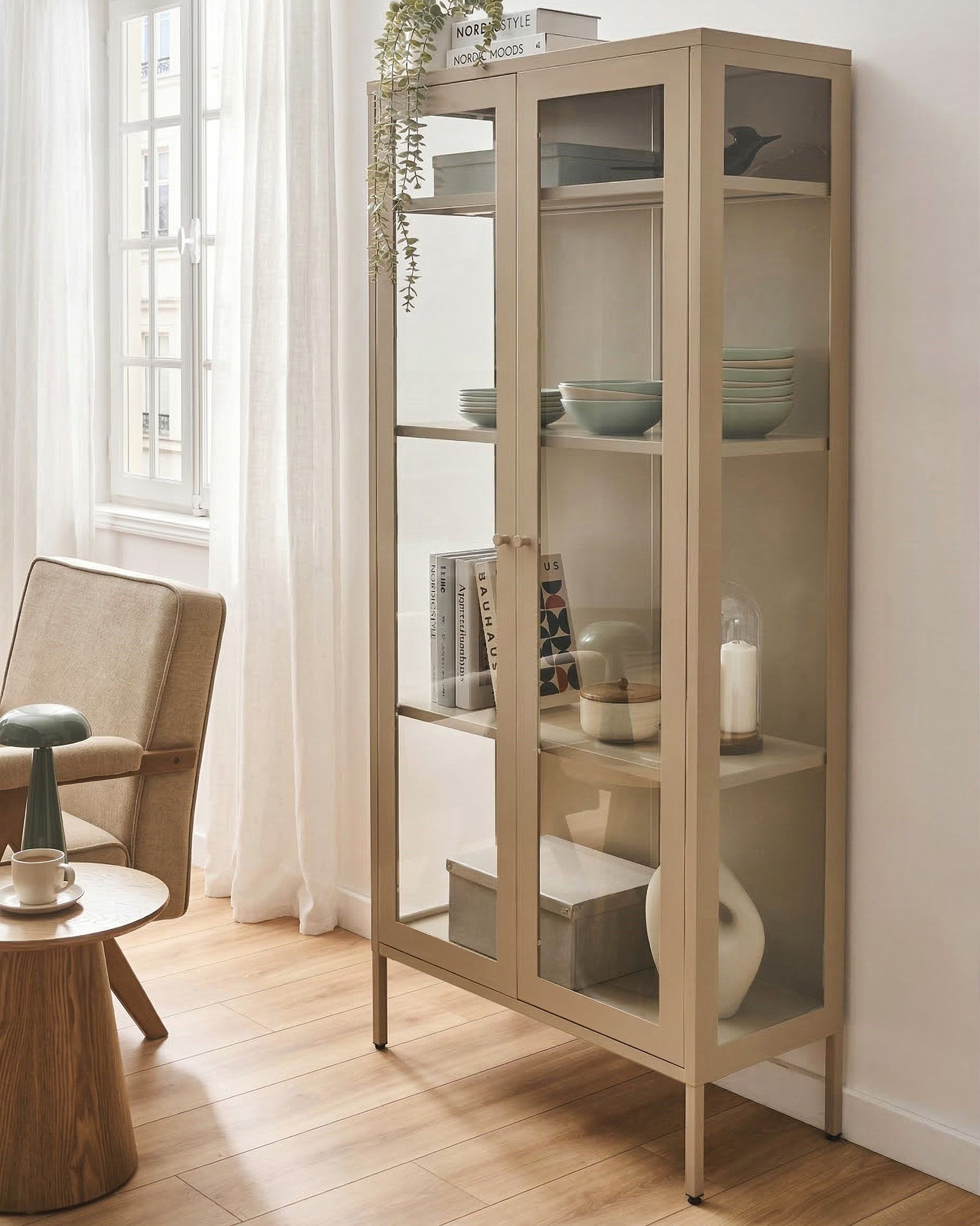 Glass Display Cabinet HARTY Metal 80 cm Light Beige