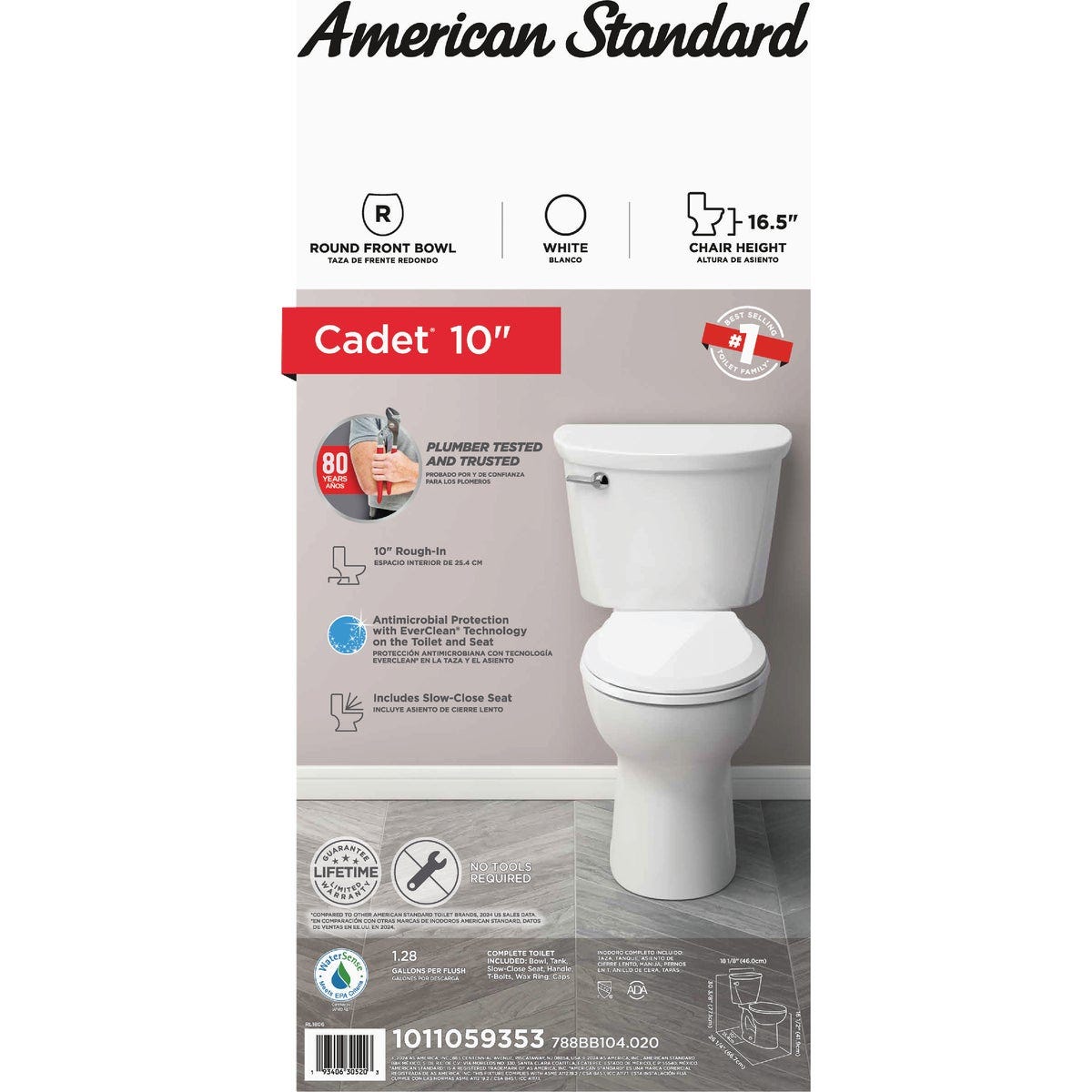 American Standard Cadet 10 In. Rough-In White Chair Height Round Bowl 1.28 GPF Toilet