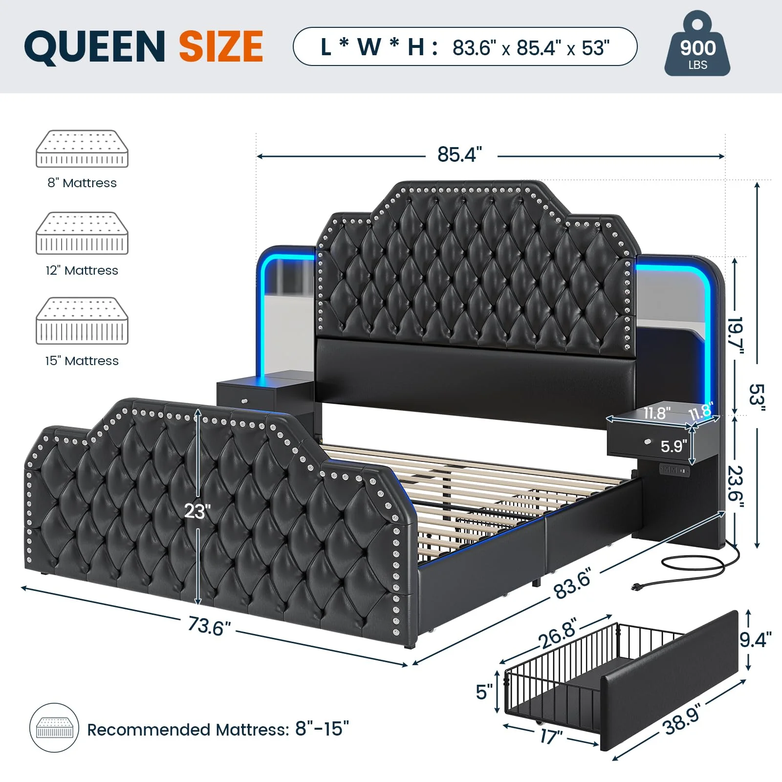 Queen Bed Frame with 2 Nighstands, Power Outlets and 4 Drawers, Upholstered Bed with Vanity Tables and Mirrors, Modern Velvet Tufted Platform Bed with Headboard & Footboard, Black - Image 2