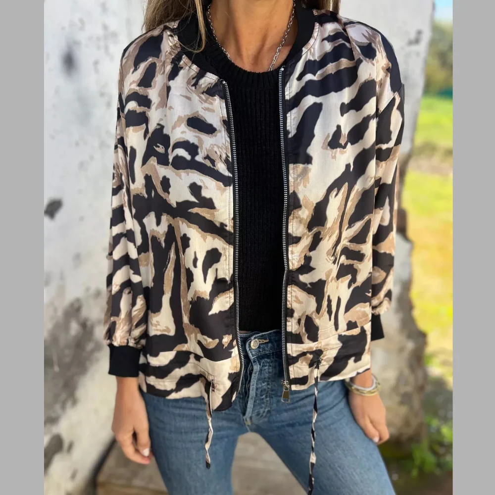 Full Size Zip Up Zebra Print Bomber Jacket Plus Size - ZKZOOK