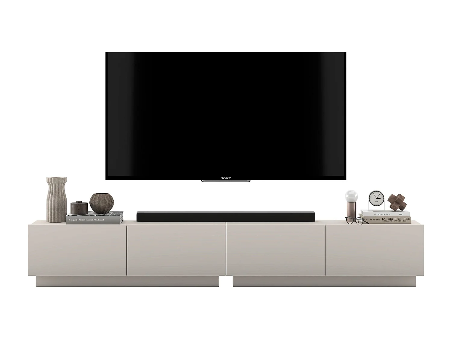 Meuble TV avec 4 portes - corps Cachemire mat, façades Cachemire mat - 240 cm, sur socle
