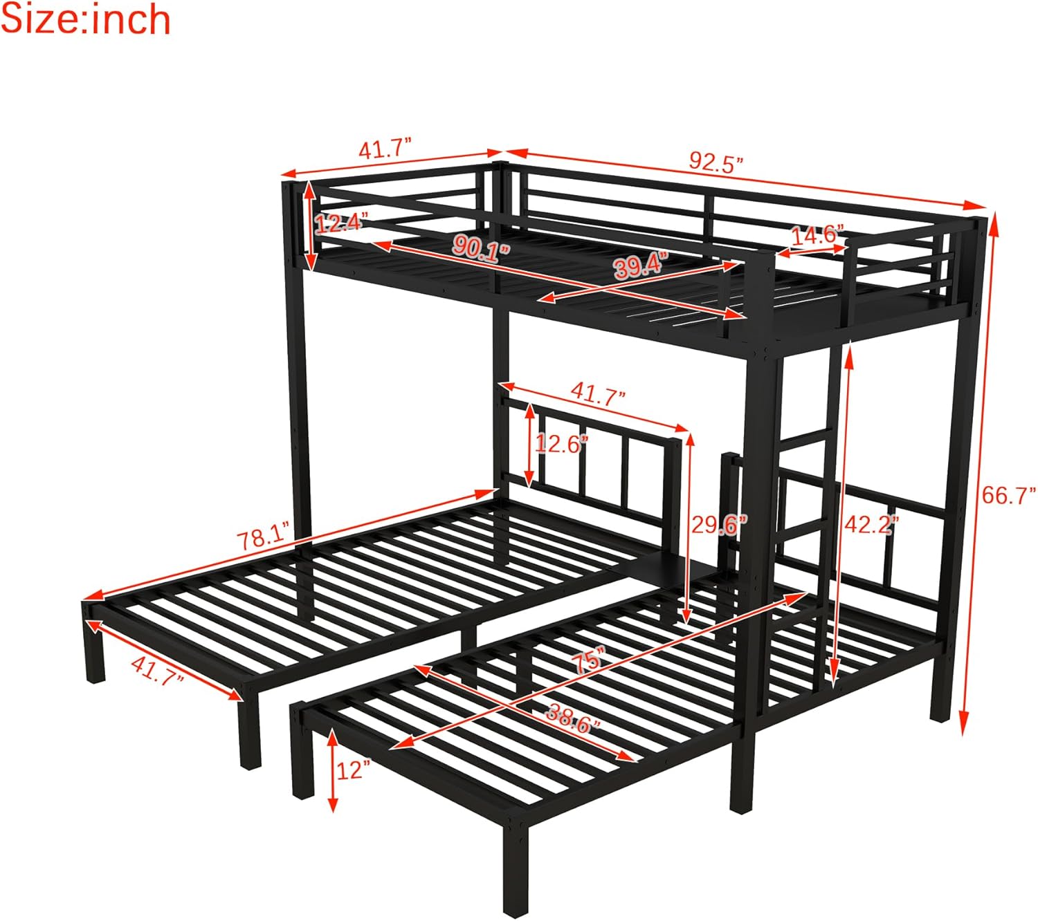 Twin Over Twin Over Twin Triple Bunk Bed for Kids,3 Bed Bunk Beds for 3,Metal Triple Bunk Beds with Built-in Desk,Separates Into 3 Twin Beds,Noise Reduced Structure,Black