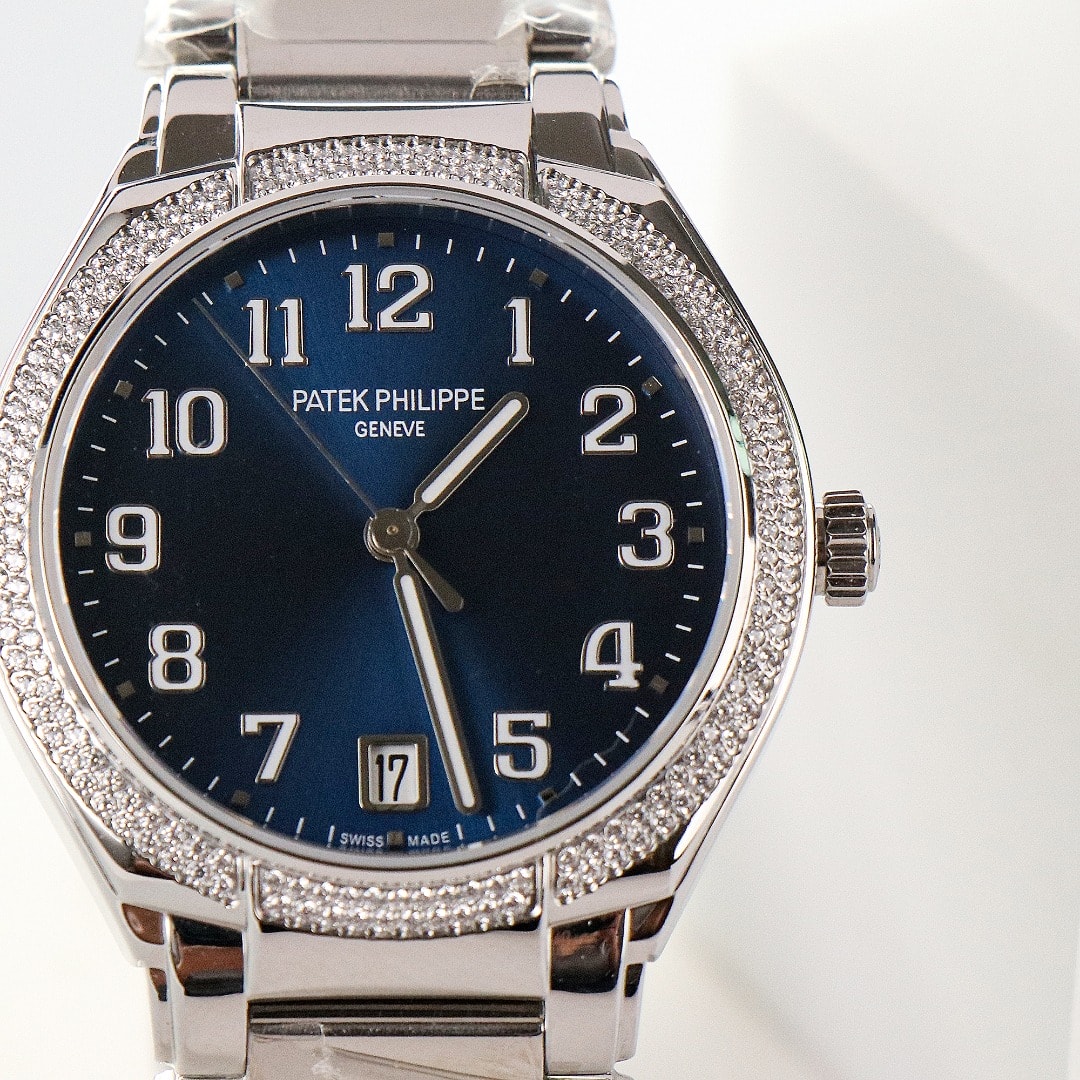 Fake Diamond Watch Replica Patek Philippe Twenty~4 Ladies Stainless Steel Blue Sunburst Dial 7300/1200A-001(1:1 replica) - Top club