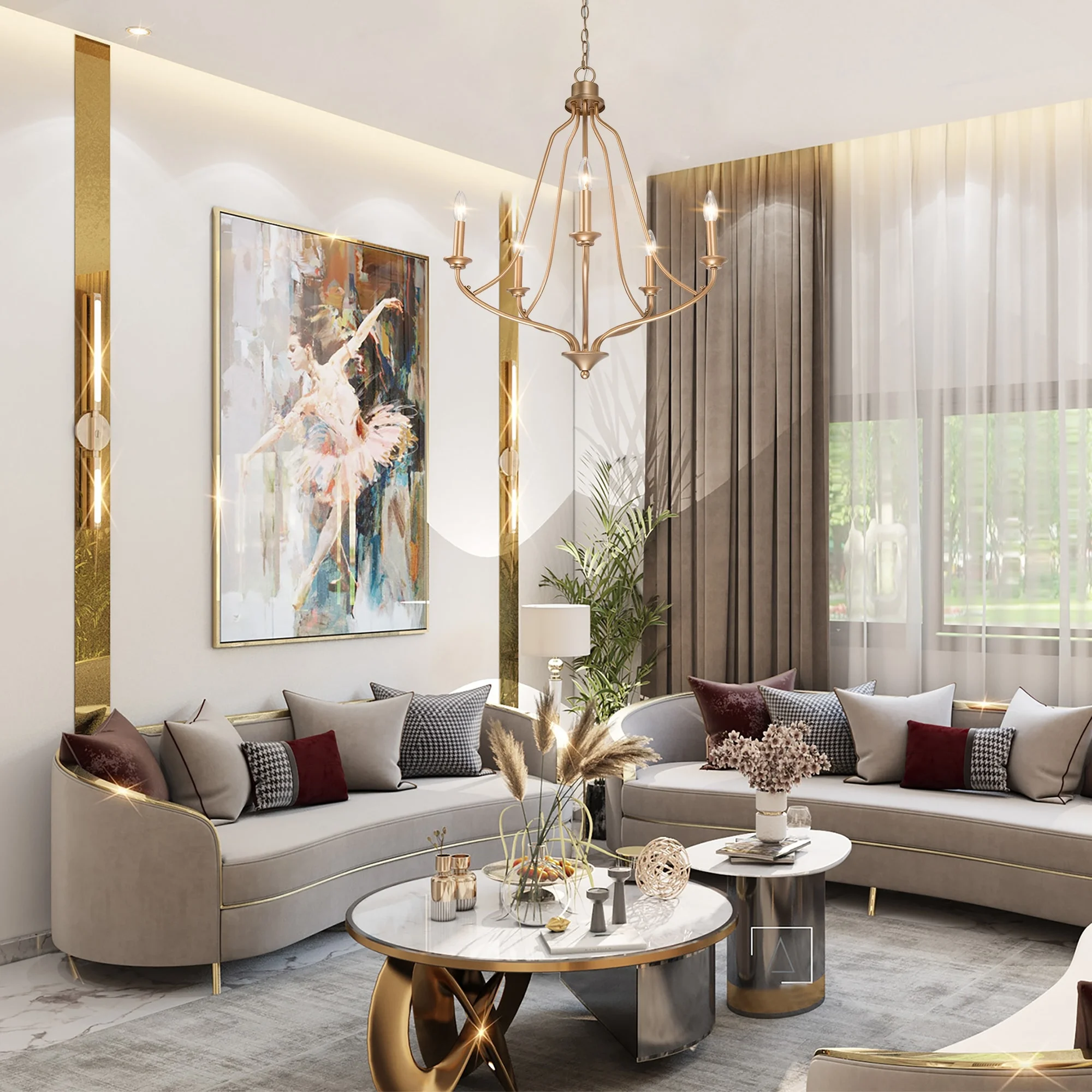 Modern Glam Gold 5-light Empire Wheel Chandelier Candle Ceiling Lighting for Foyer, Stairs - D24