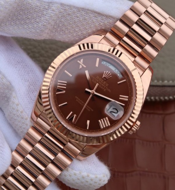 Replica Rolex Day-Date 40mm 228235 RG Noob Brown Dial Roman Markers RG Bracelet A3255 - Elite Watch Atelier