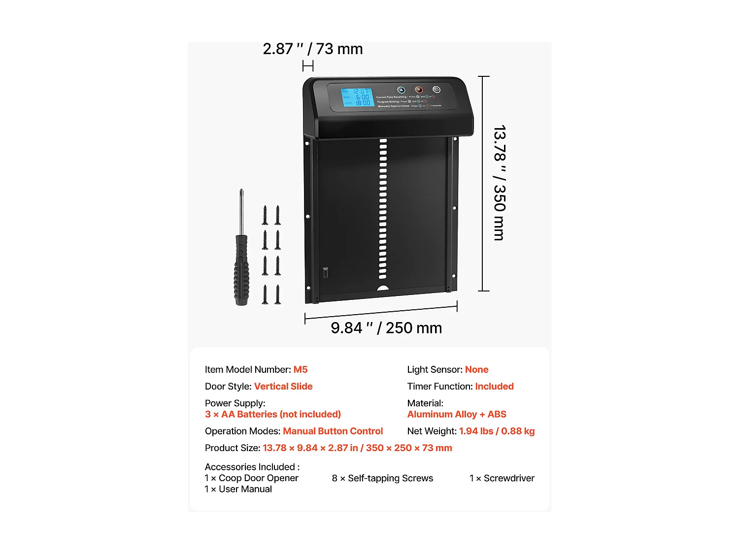 Porte Poulailler Automatique SucceBuy, Alimentation par Piles, 2 Modes avec Minuterie et Réglage Manuel, Système Anti-pincement, Alliage d'Aluminium, Noir