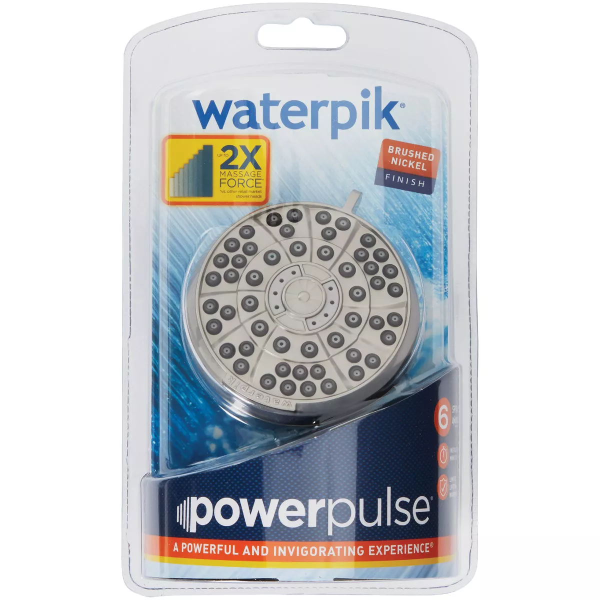 Waterpik PowerPulse Massage 6-Spray 1.8 GPM Fixed Showerhead, Brushed Nickel