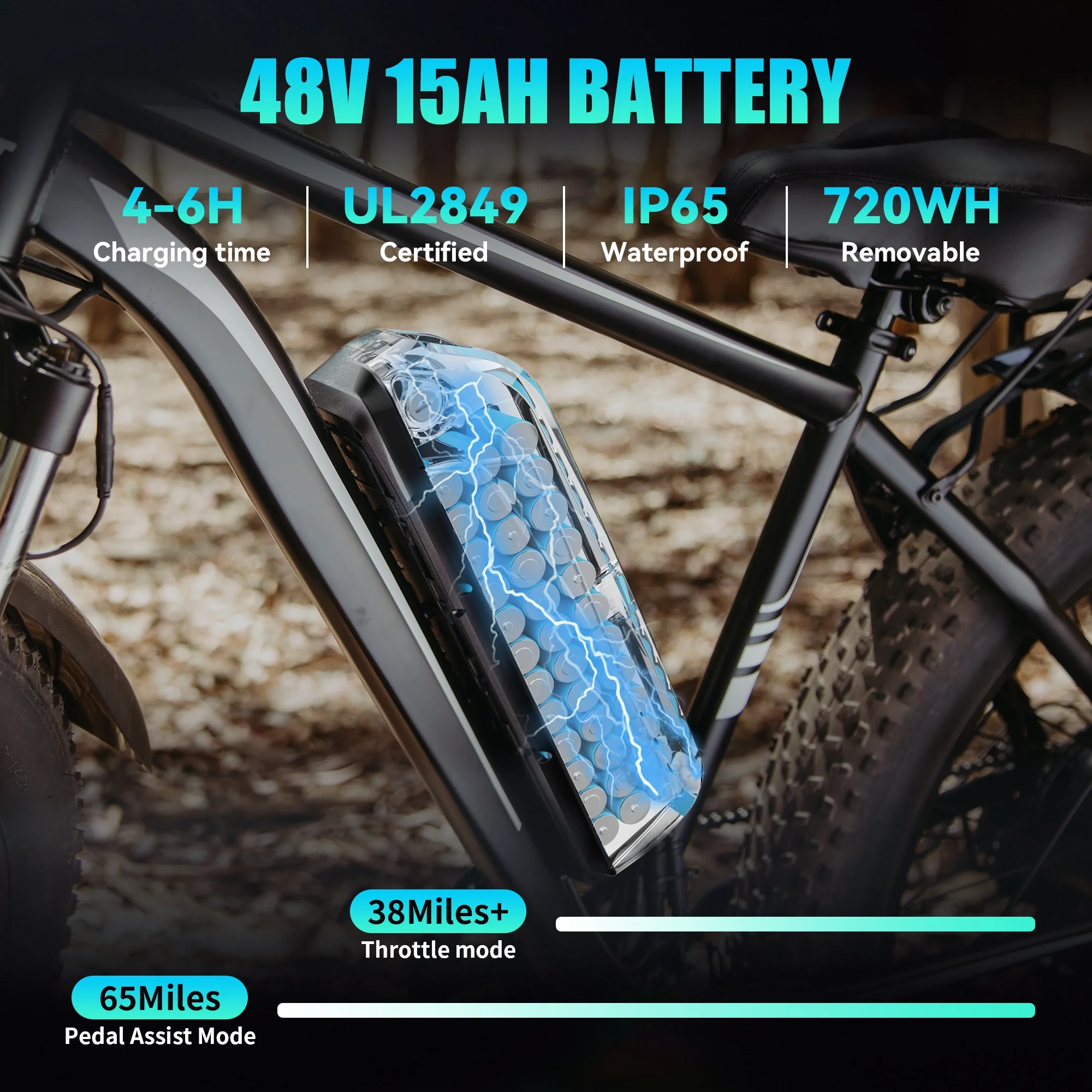 AMYET EB26 Electric Bike for Adults, 26*4.0 Fat Tire E-Mountain Bicycle,Peak 1500W Motor 48V 15Ah 7-Speed Ebike UL2849 - Image 6