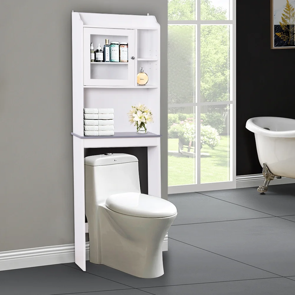 Over-The-Toilet Space Saver, Bathroom Storage Cabinet, Toilet Organizer with Adjustable Shelves and Door Cabinet, Wooden Behind Toilet Storage for Space Saving, Easy Assembly - White, K3822