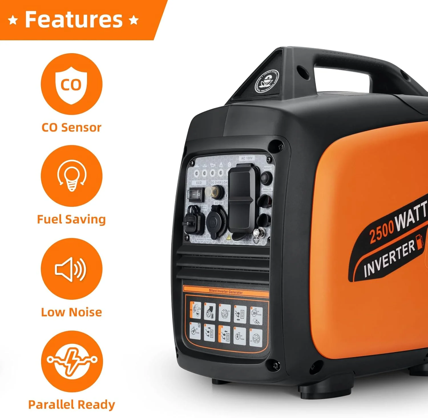 Portable Inverter Generator 2500W Gas Powered - Orange - Image 4 Portable Inverter Generator 2500W Gas Powered - Orange - Image 4