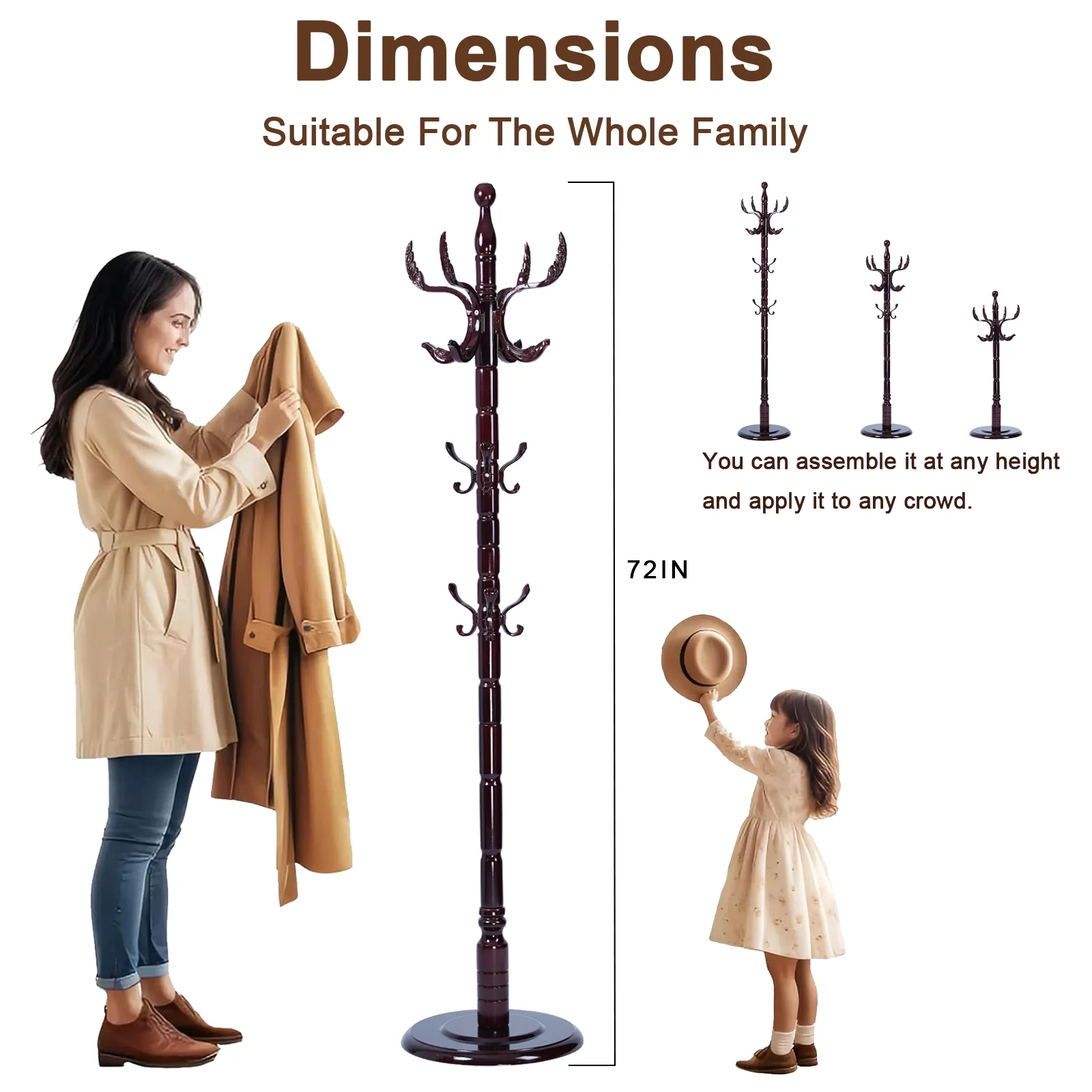 Coat Rack Freestanding, Hall Tree with 11 Hooks, Heavy Duty Wooden Coat Tree Stand, Adjustable Height, Sturdy Base for Bedroom Hallway Office - Load 270lbs - Image 21