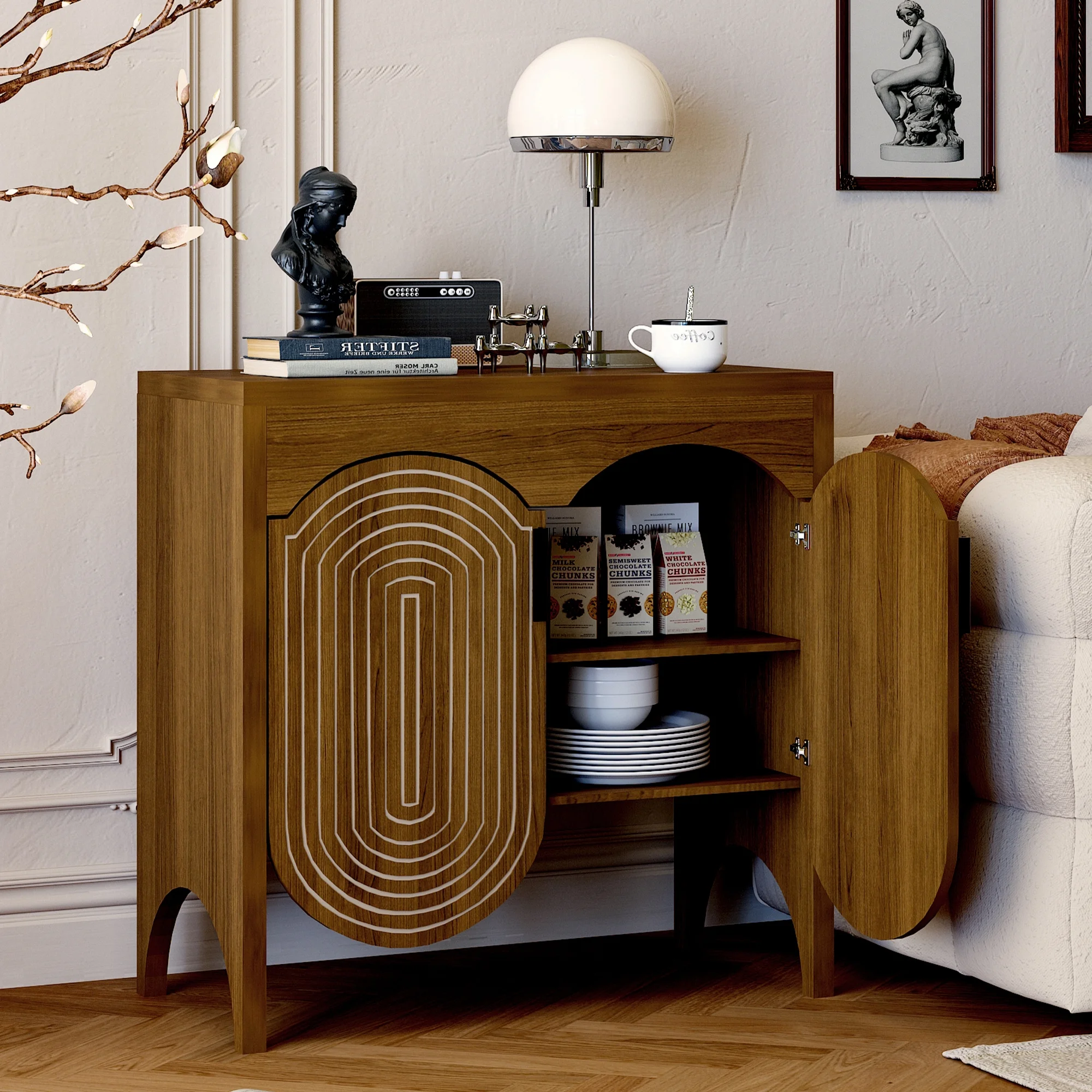 LEFHDA 2PCS Buffet Cabinet, Sideboard Cabinet with Storage, Accent Storage Cabinet with Carved Arc Door Design for Kitchen Dining Room, 2 Doors Buffet Cabinet with Adjustable Shelves - Image 2