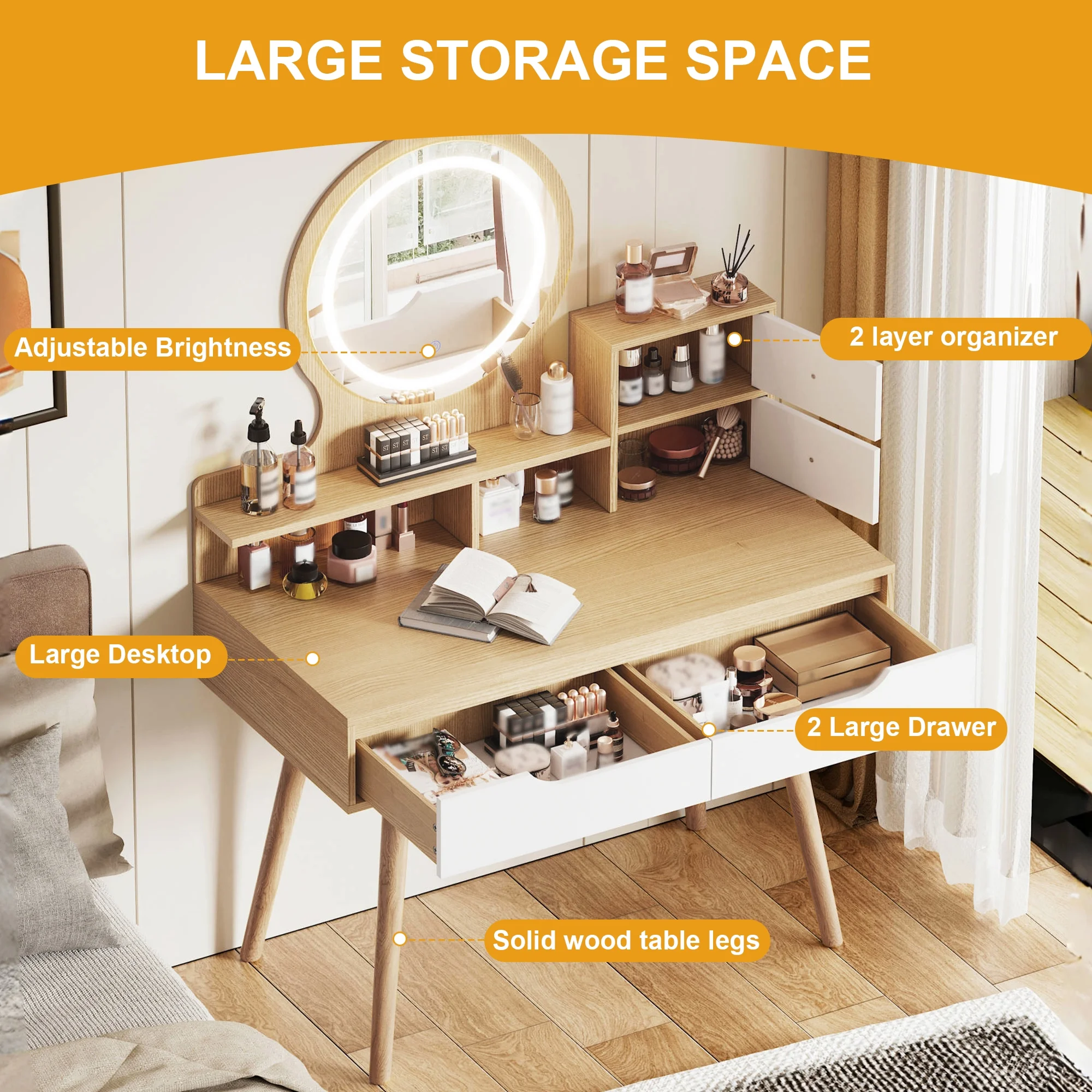 Montary Modern Mini Vanity w/Adjustable LED Mirror + Hidden Storage, Padded Stool & Dustproof Shelves (White) - Image 143
