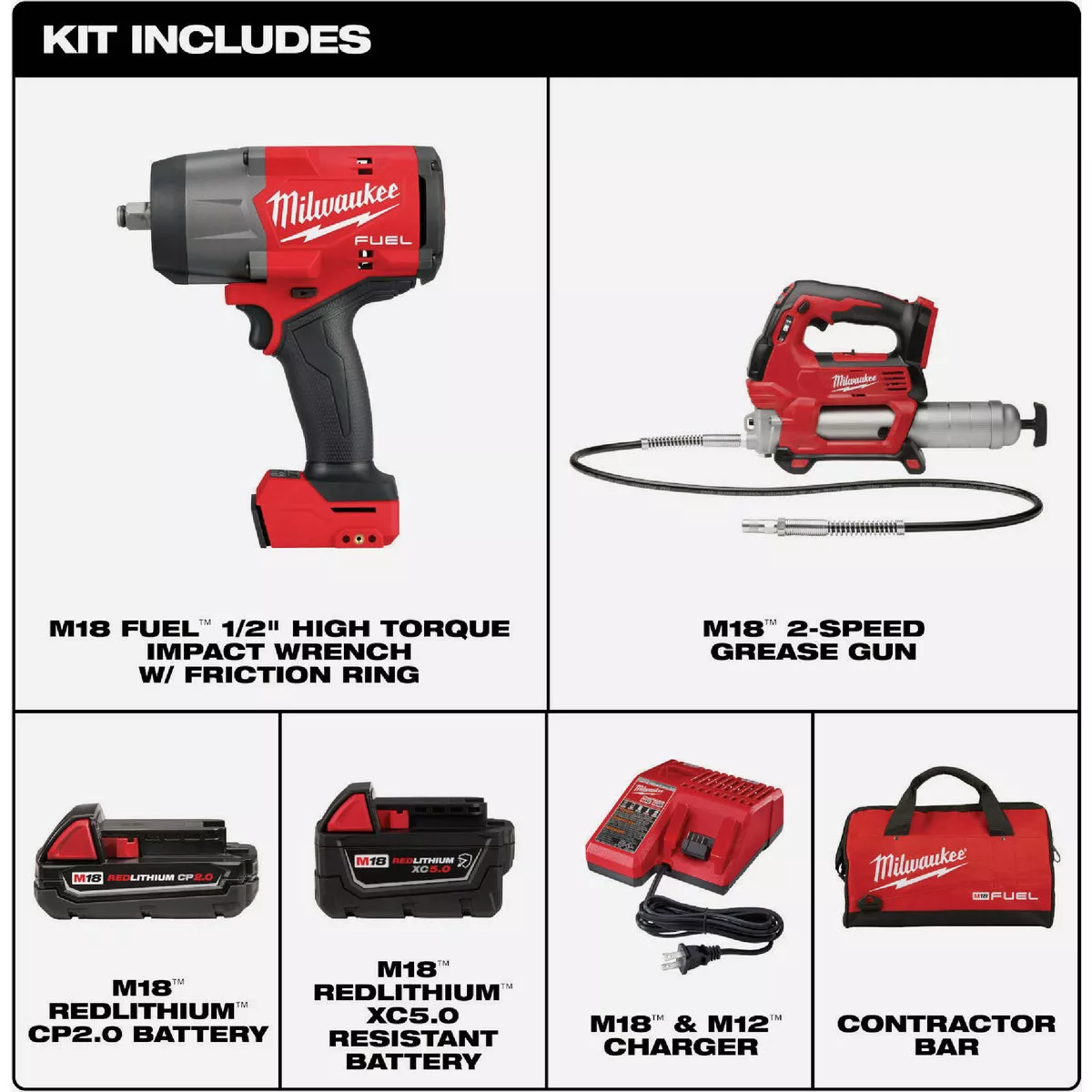 Milwaukee M18 FUEL 2-Tool Brushless Cordless High Torque Impact Wrench & Grease Gun Combo Kit with (1) 5.0 Ah Battery, (1) 2.0 Ah Battery & Charger