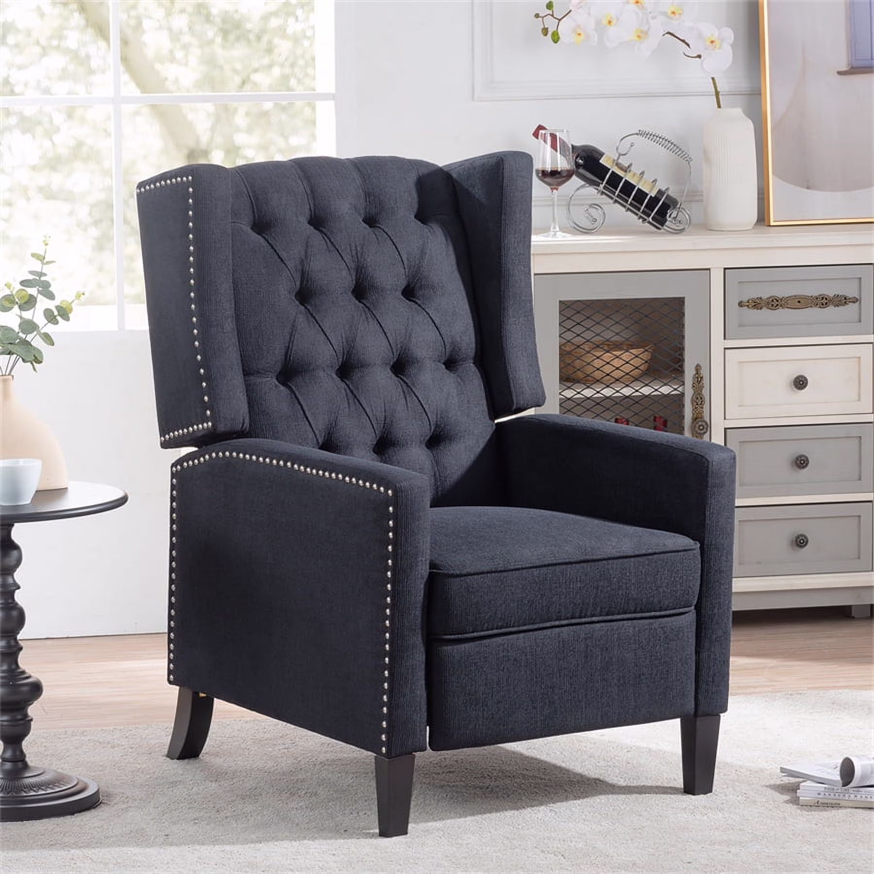 Triple Tree Modern Fabric Foam Wood Solid Print Nailhead Trim Accent Chair, Beige - Image 3
