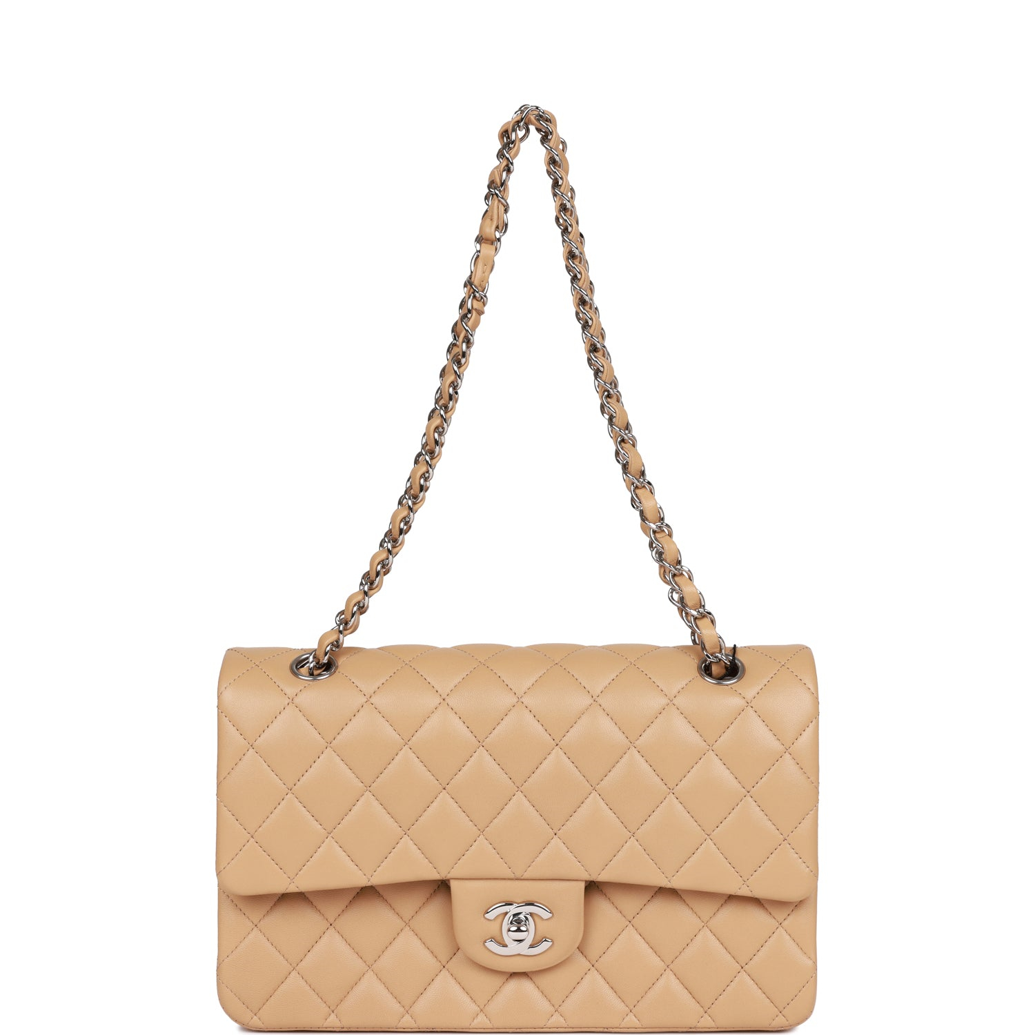 Chanel Classic Flag Bag Medium Classic Double Flap Bag Beige   Silver Hardware
