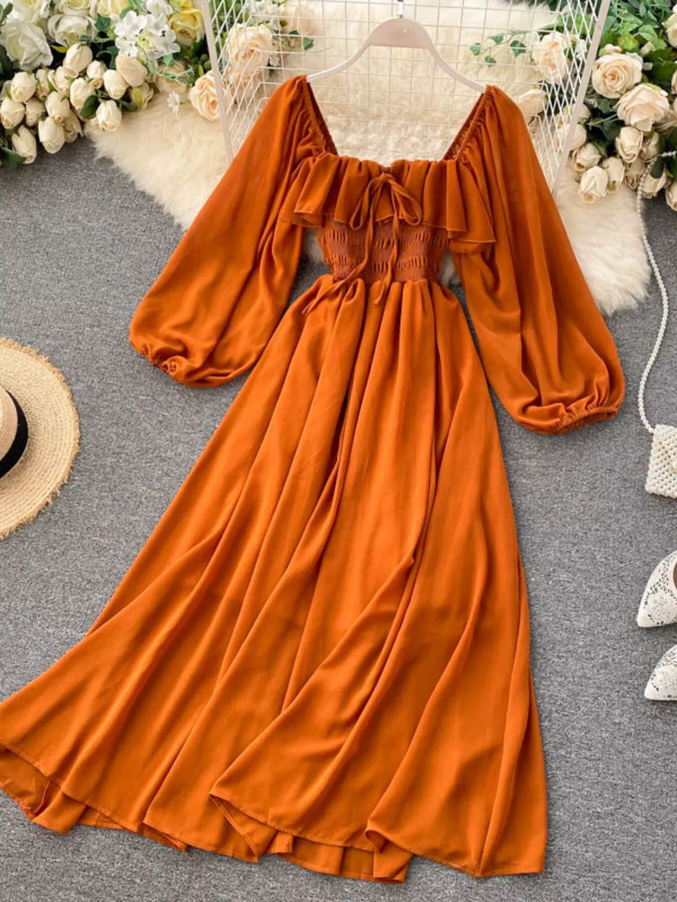 Ruffle Square Neck Balloon Sleeve A-Line Dress - ZKZOOK