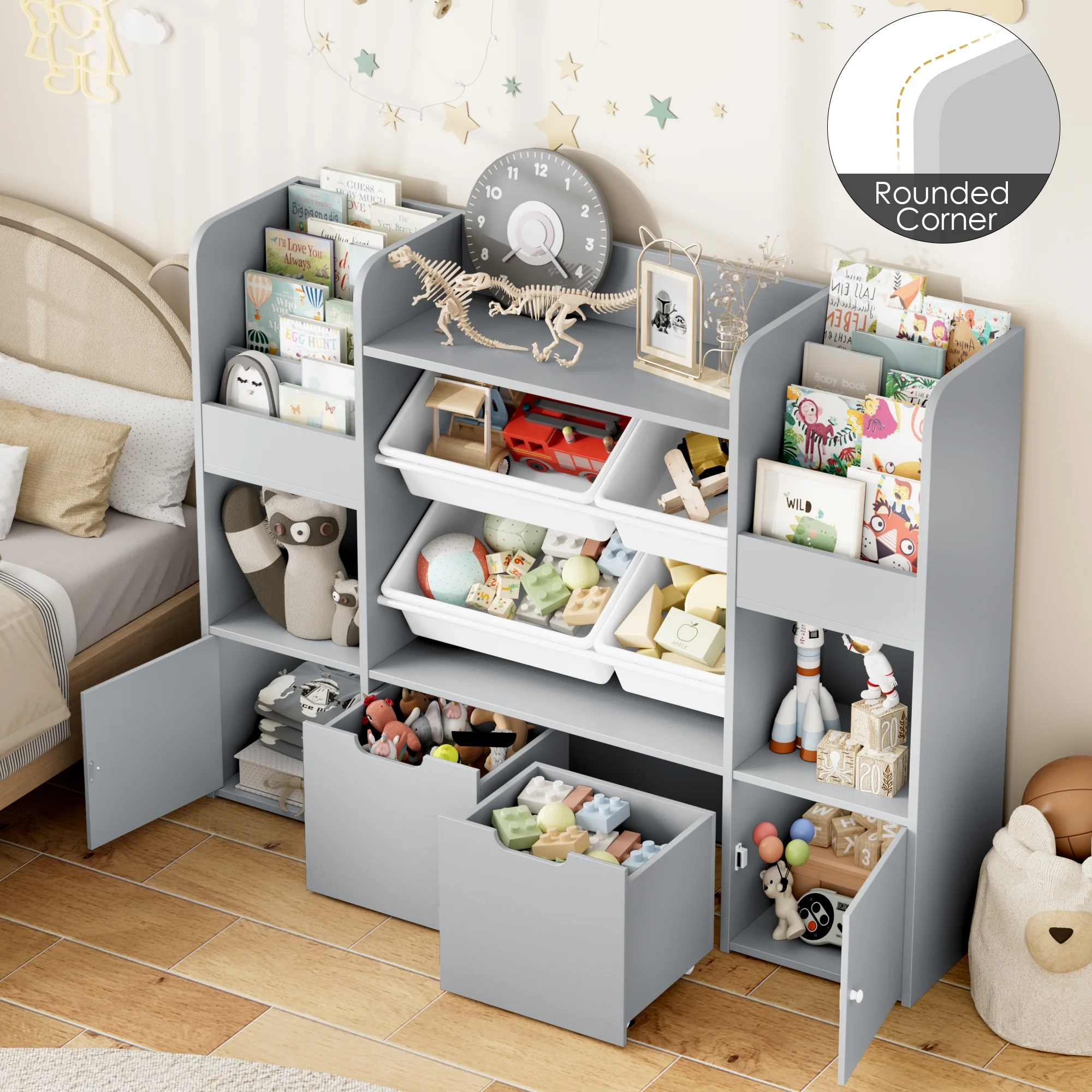 Hiphuta Kids Bookcase Toy Storage Organizer, Wooden Toy Organizer of 4 Bins& 2 Removable Drawers for Home Bedroom, Kids Bookshelf Toy Box with Book Rack, White - Image 27